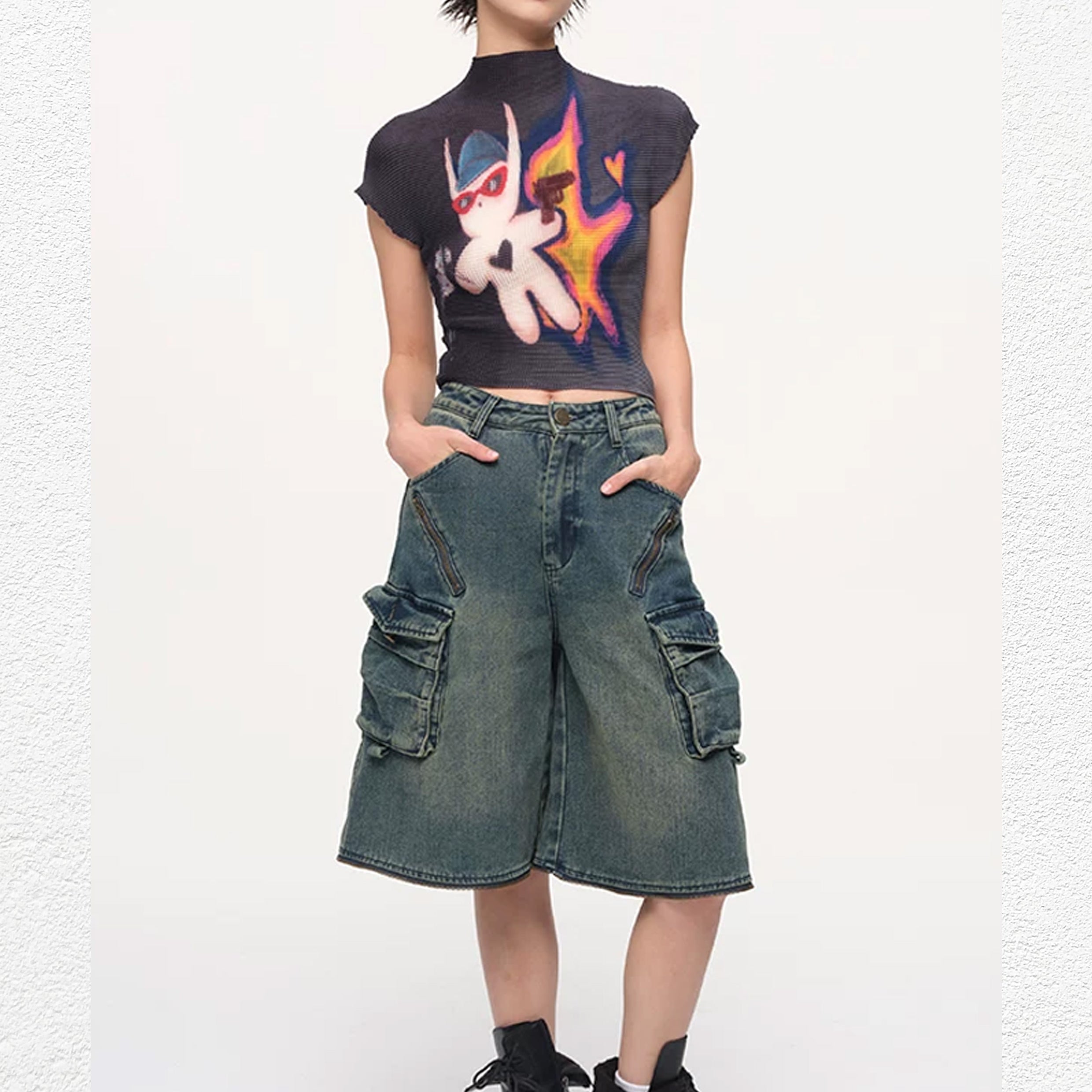 Detachable wide leg denim shorts - vintage washed blue