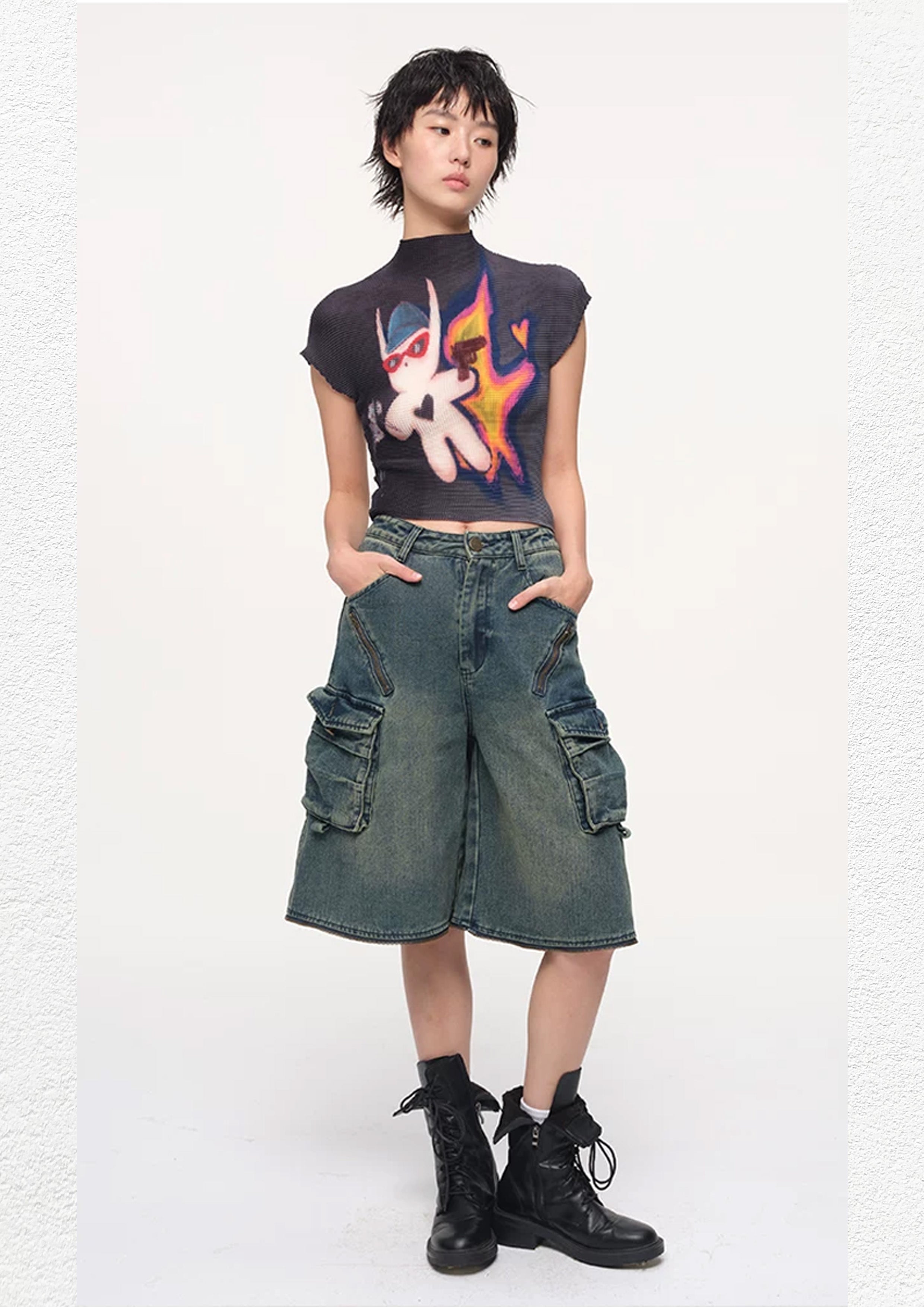 Detachable wide leg denim shorts - vintage washed blue
