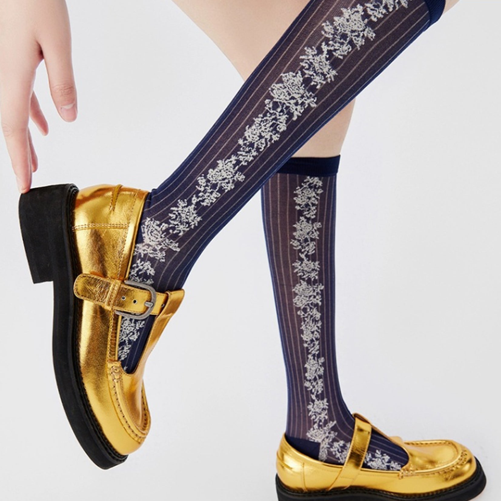 Floral jacquard sheer over-the-calf sock - navy