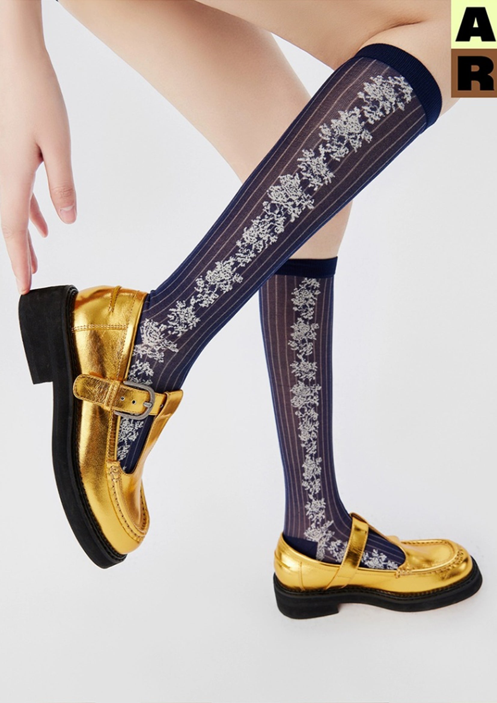 Floral jacquard sheer over-the-calf sock - navy