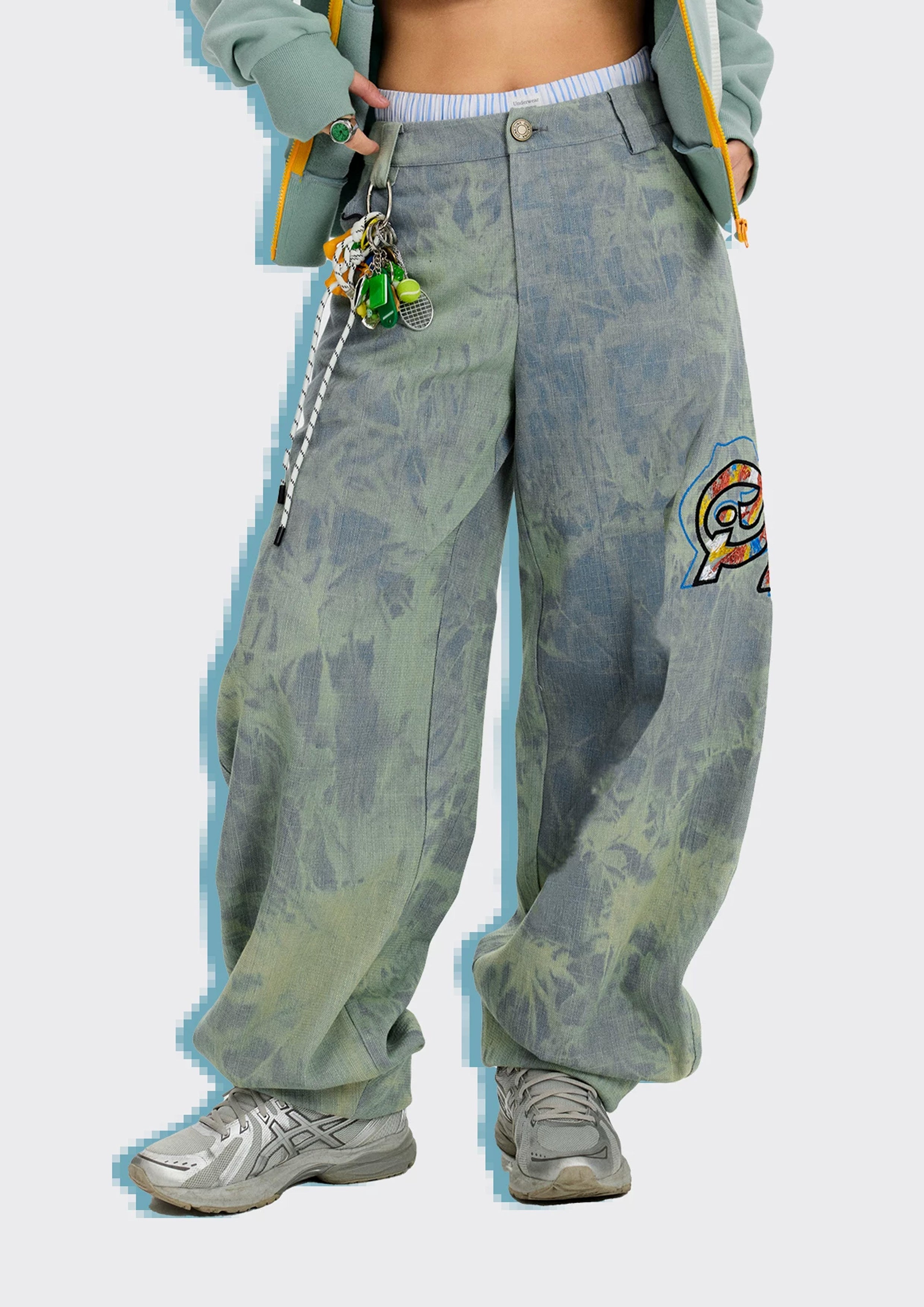 Tie dye bleach baggy barrel jeans - sun-faded blue