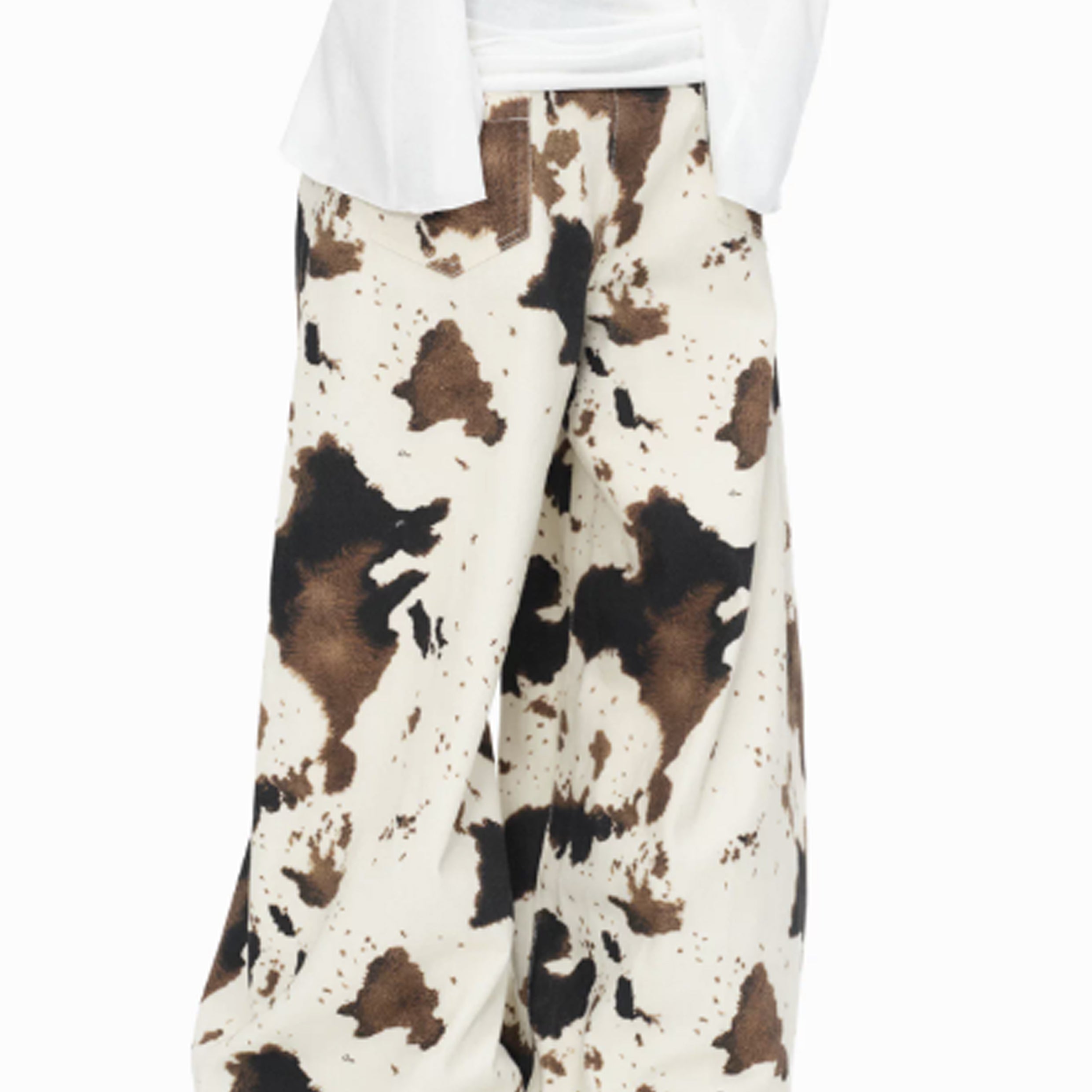 Cow print baggy barrel pants - beige