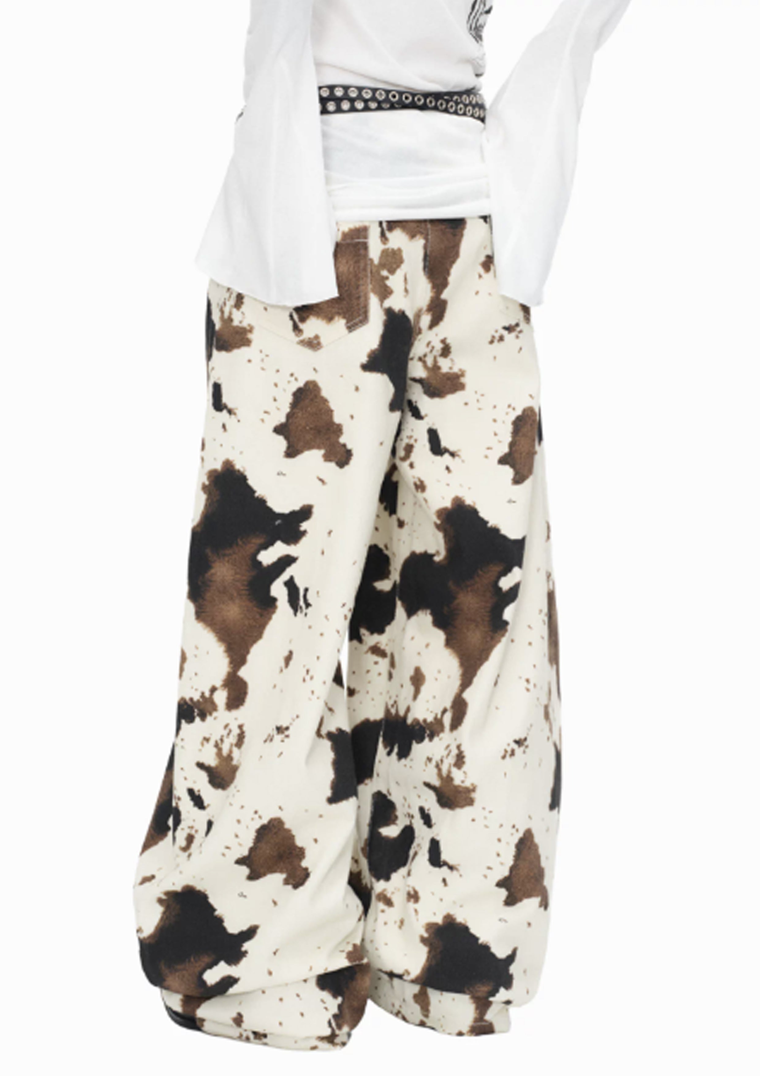 Cow print baggy barrel pants - beige