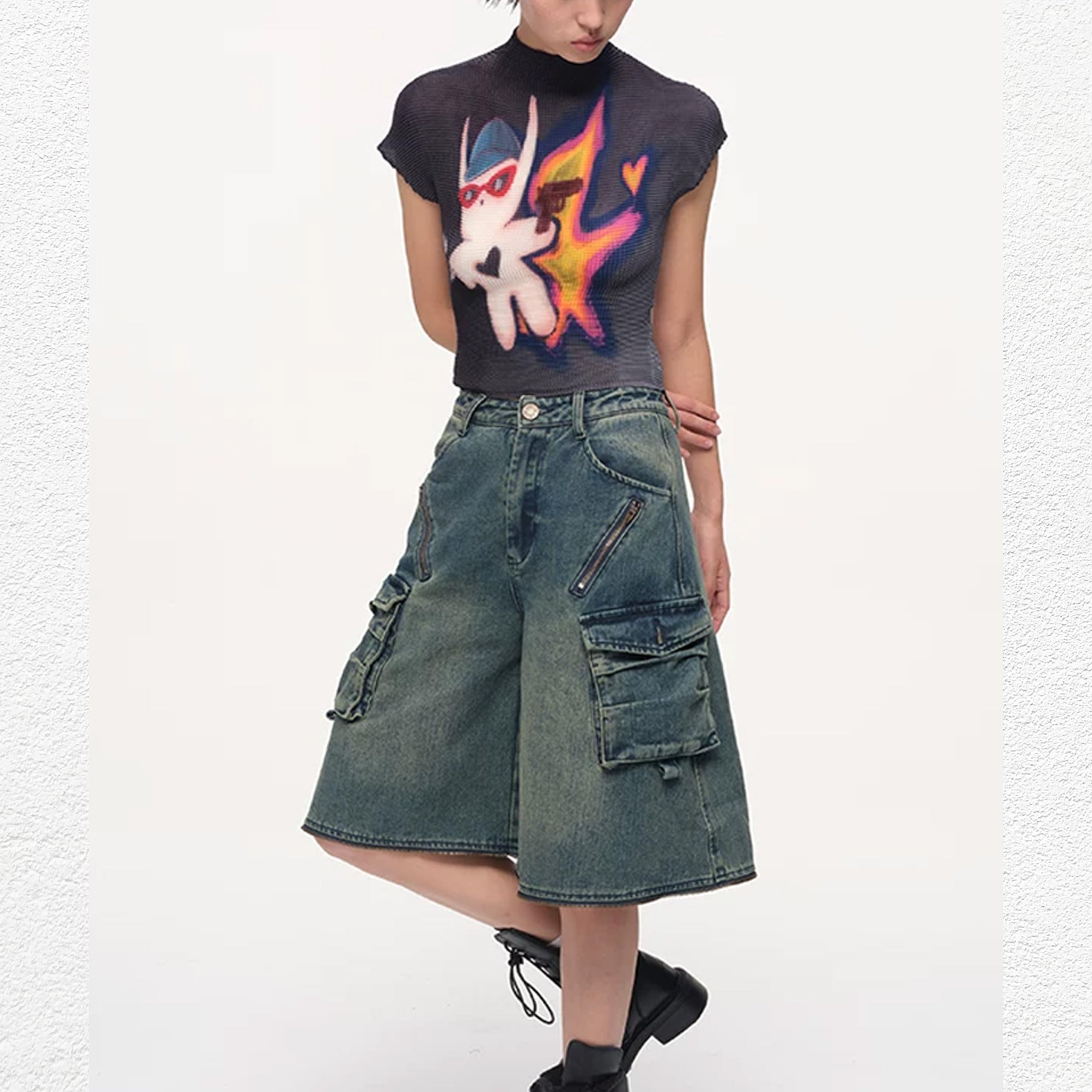 Detachable wide leg denim shorts - vintage washed blue