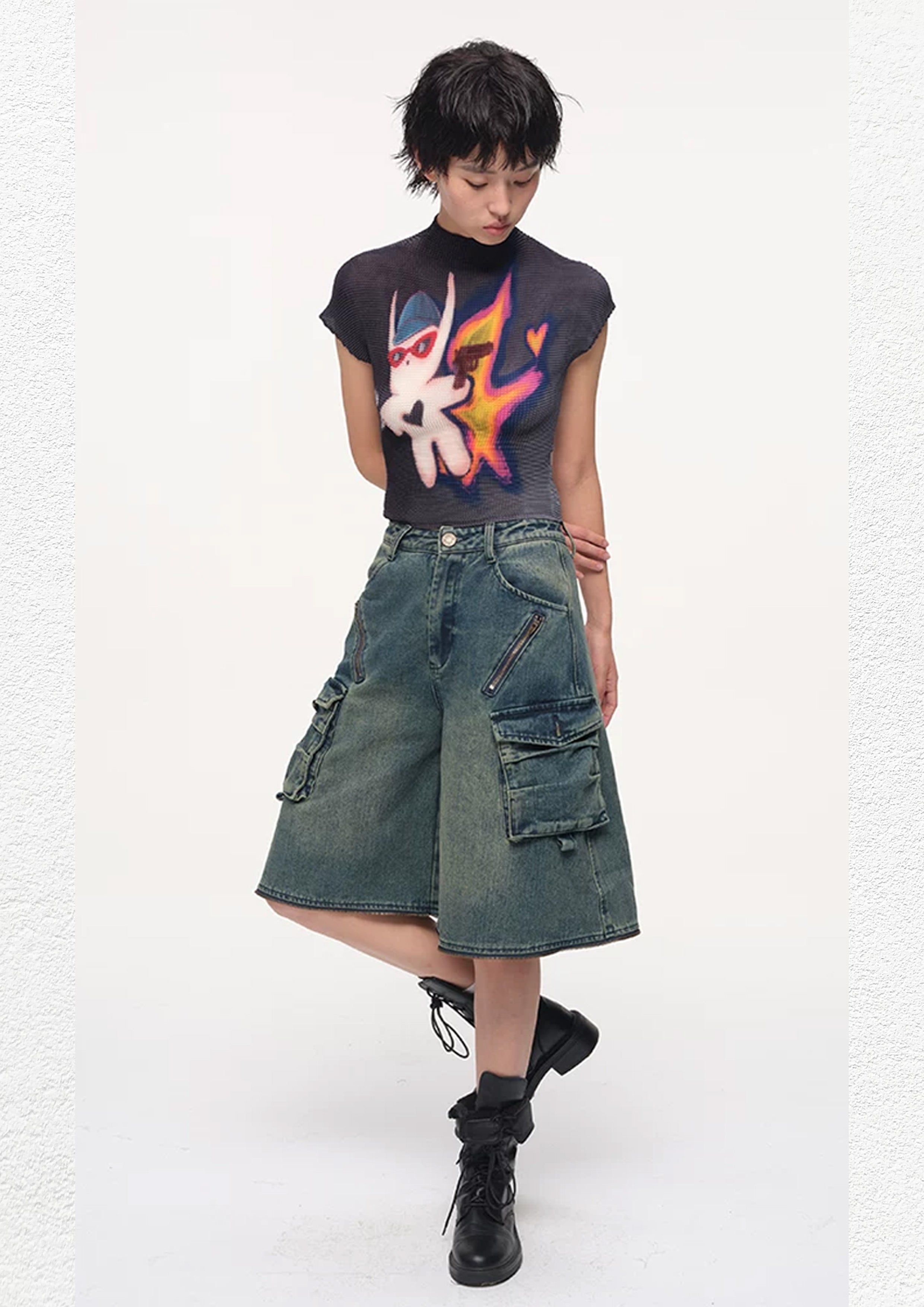 Detachable wide leg denim shorts - vintage washed blue