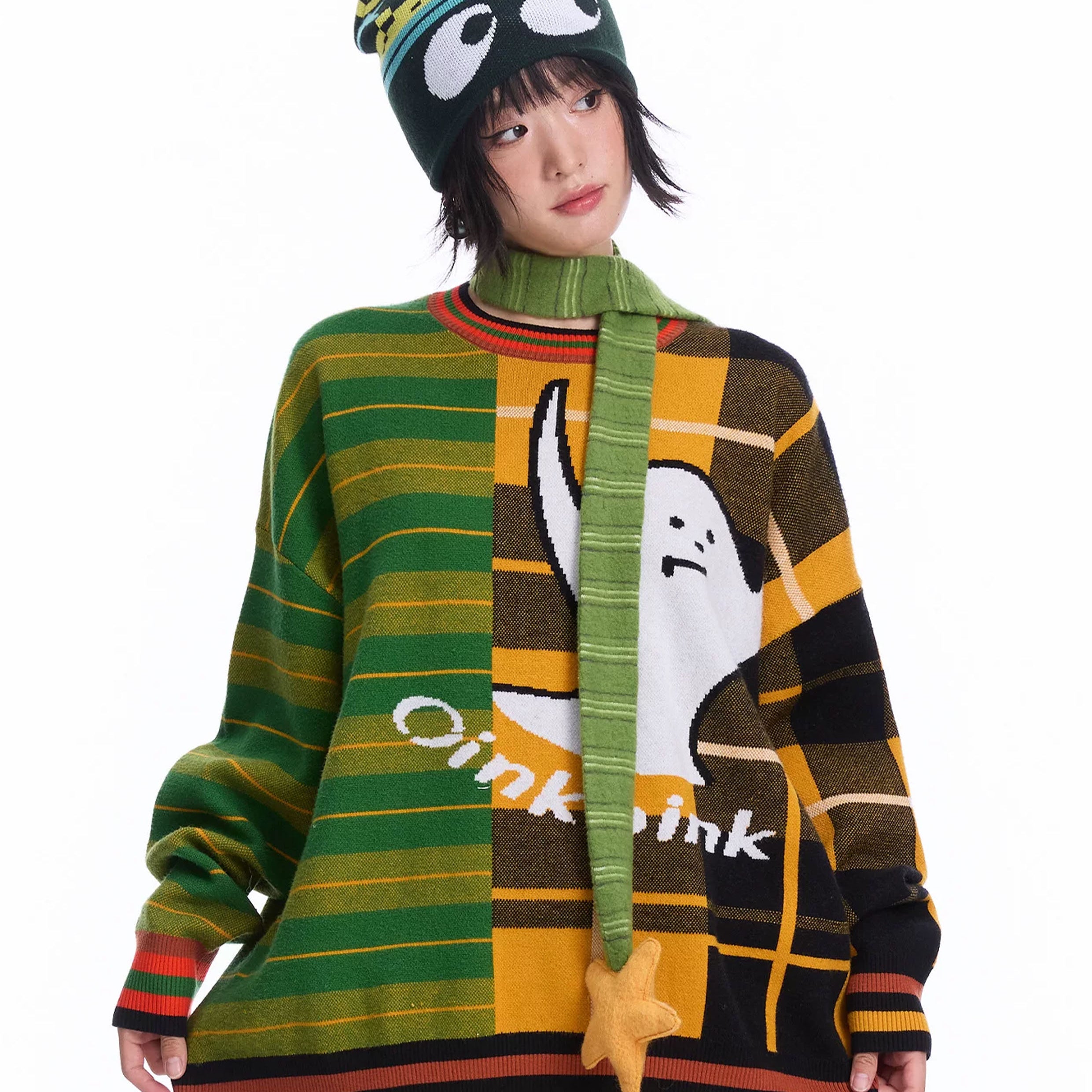 Ghost splice knit jumper - green & orange