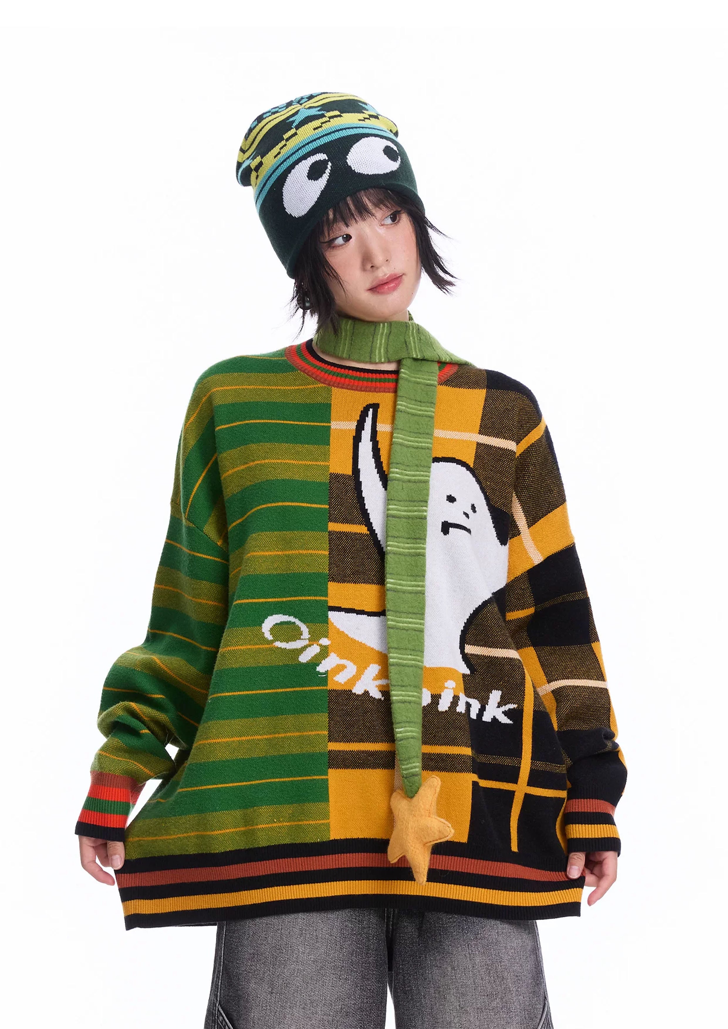 Ghost splice knit jumper - green & orange