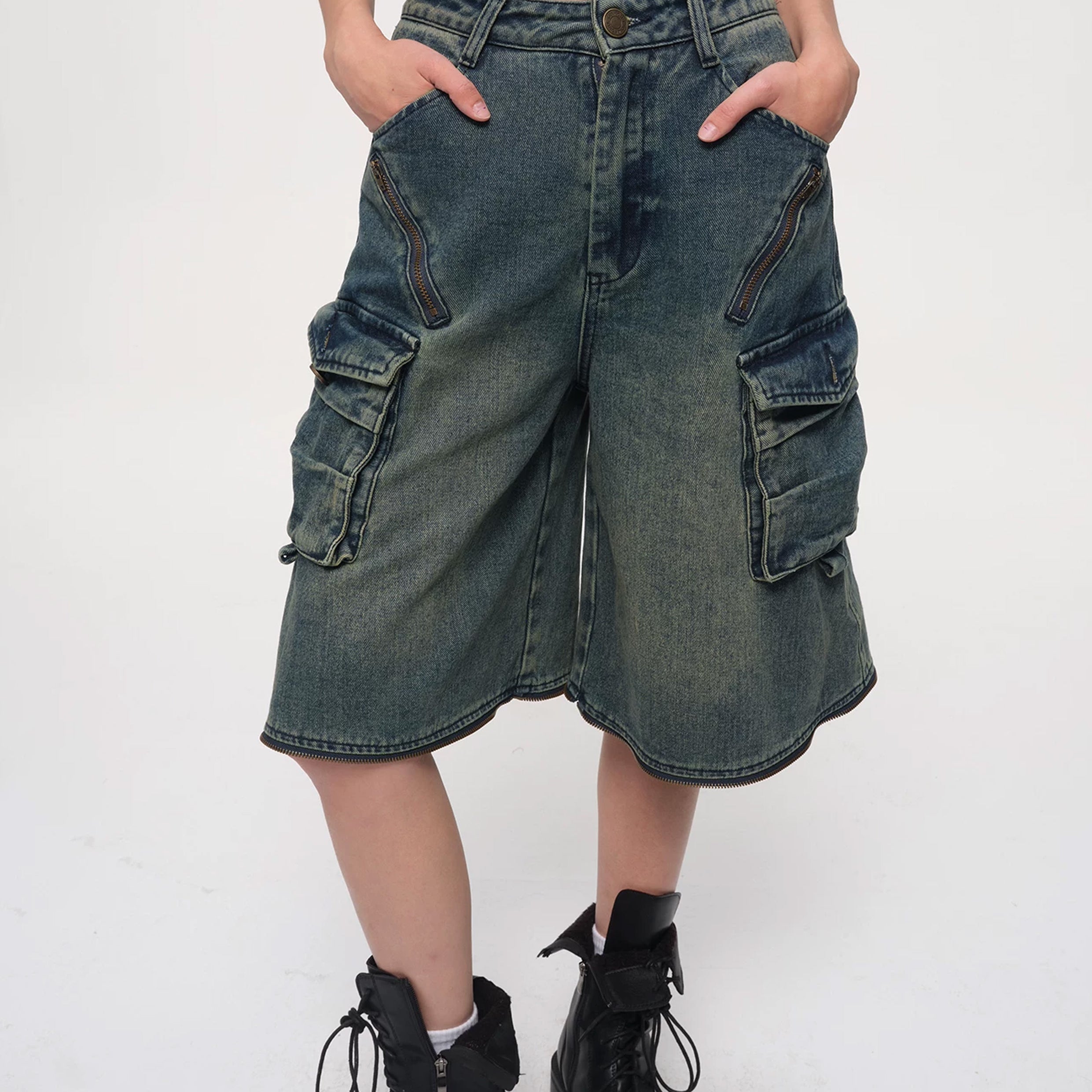 Detachable wide leg denim shorts - vintage washed blue