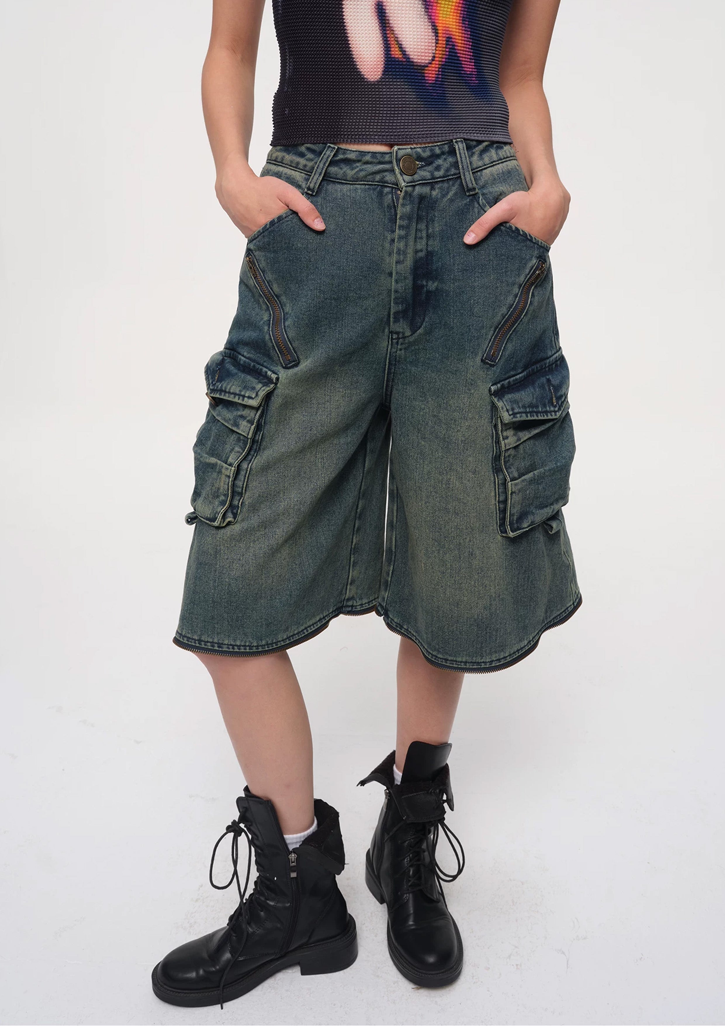 Detachable wide leg denim shorts - vintage washed blue