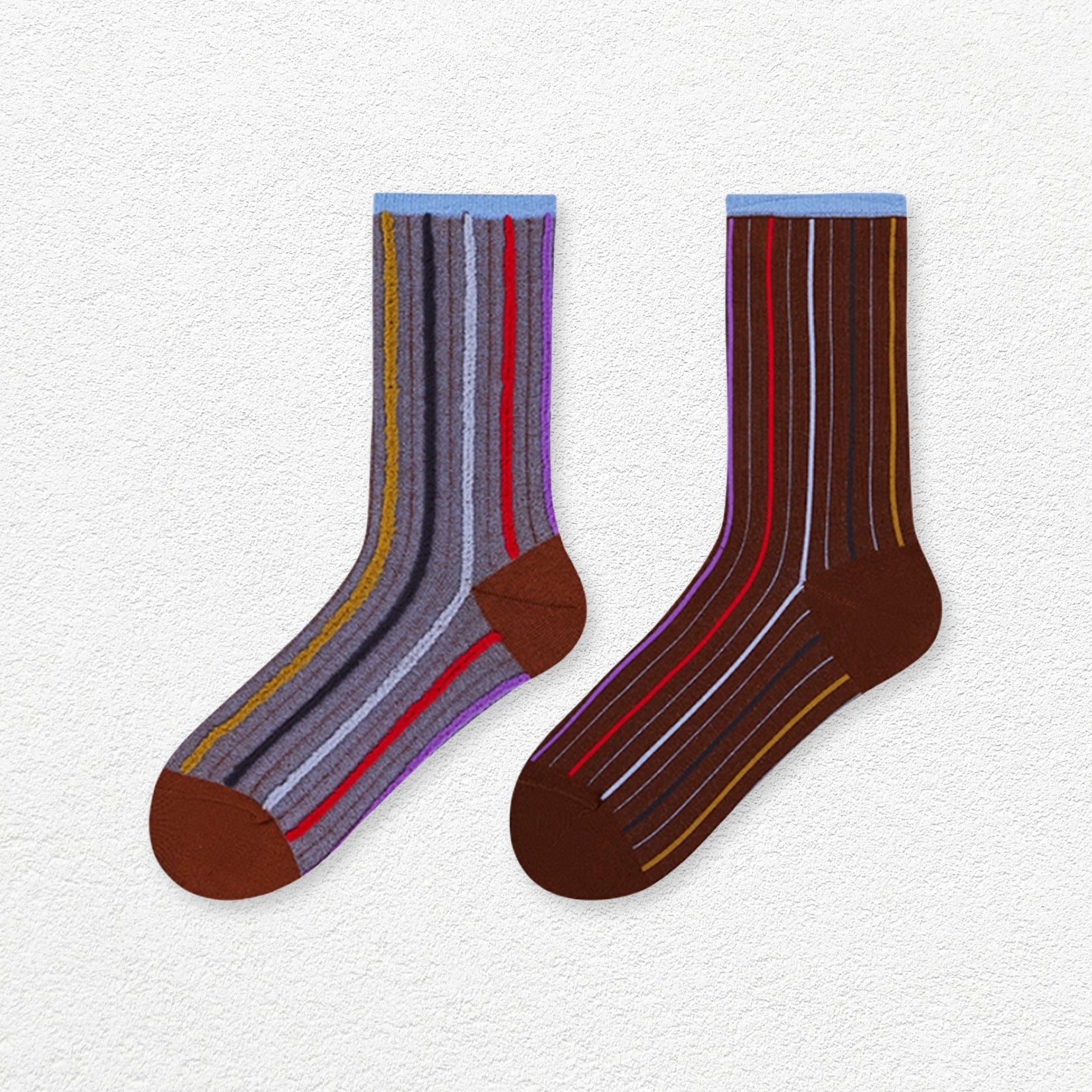 Reversible stripe mid-calf socks - chocolate & grey