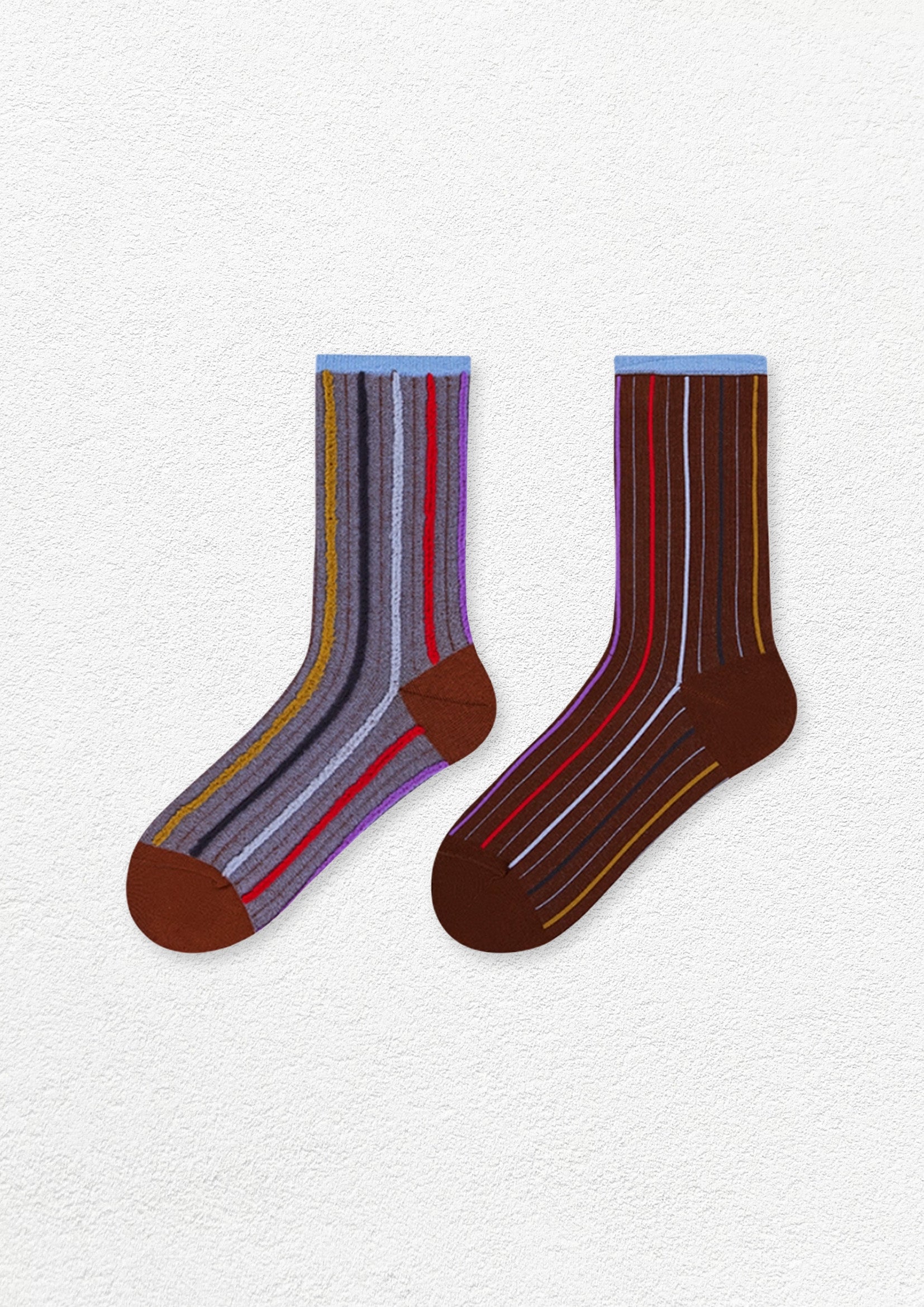Reversible stripe mid-calf socks - chocolate & grey