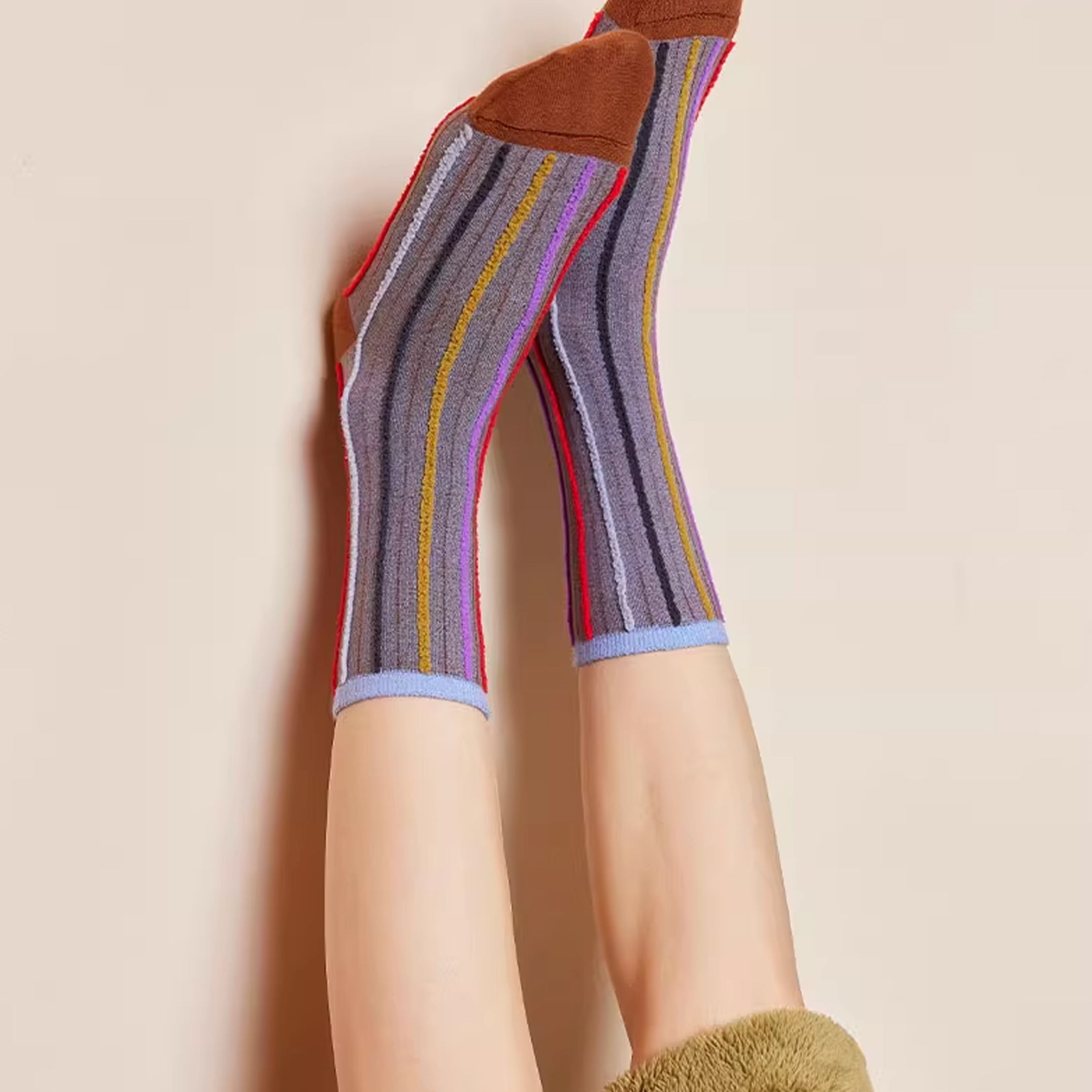 Reversible stripe mid-calf socks - chocolate & grey