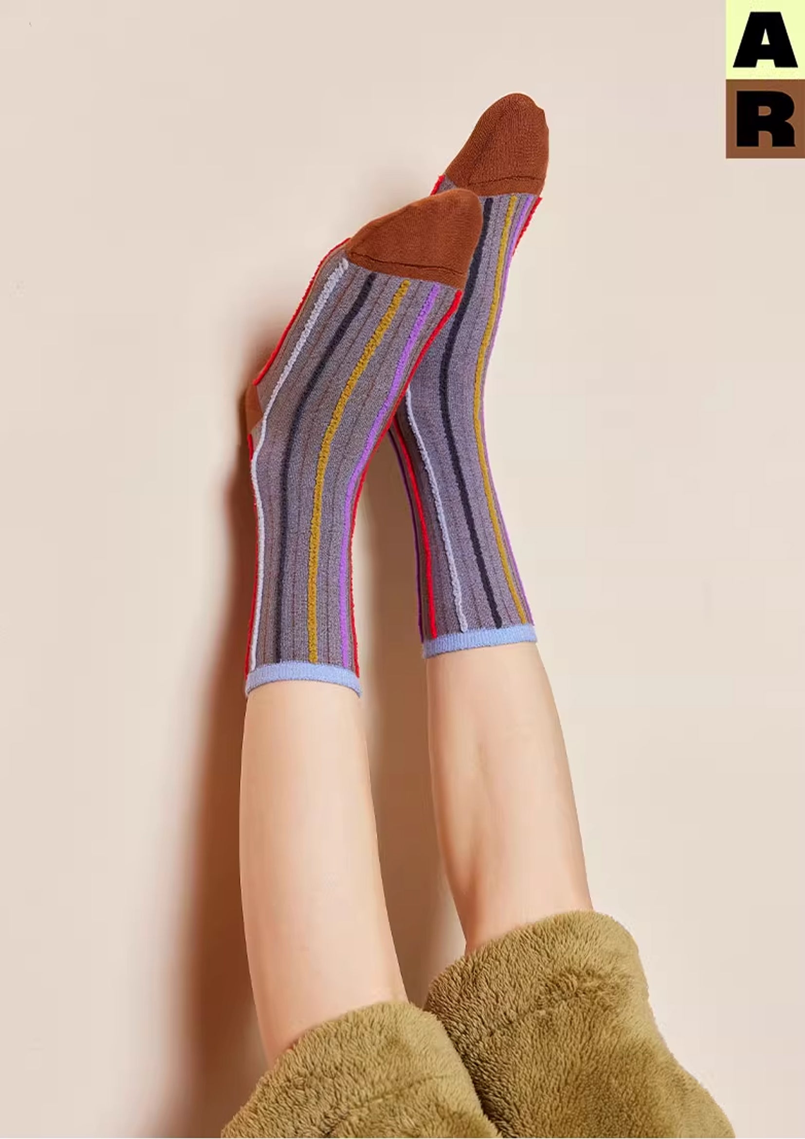 Reversible stripe mid-calf socks - chocolate & grey