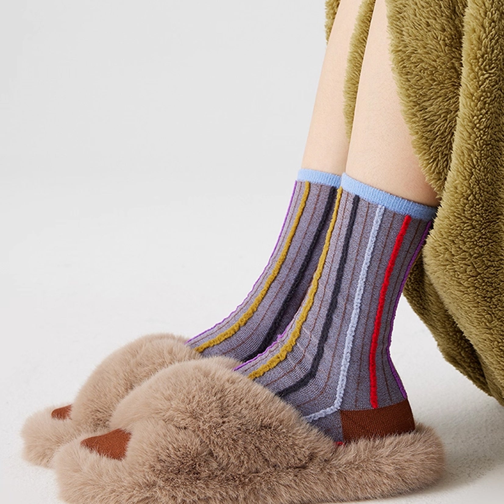 Reversible stripe mid-calf socks - chocolate & grey