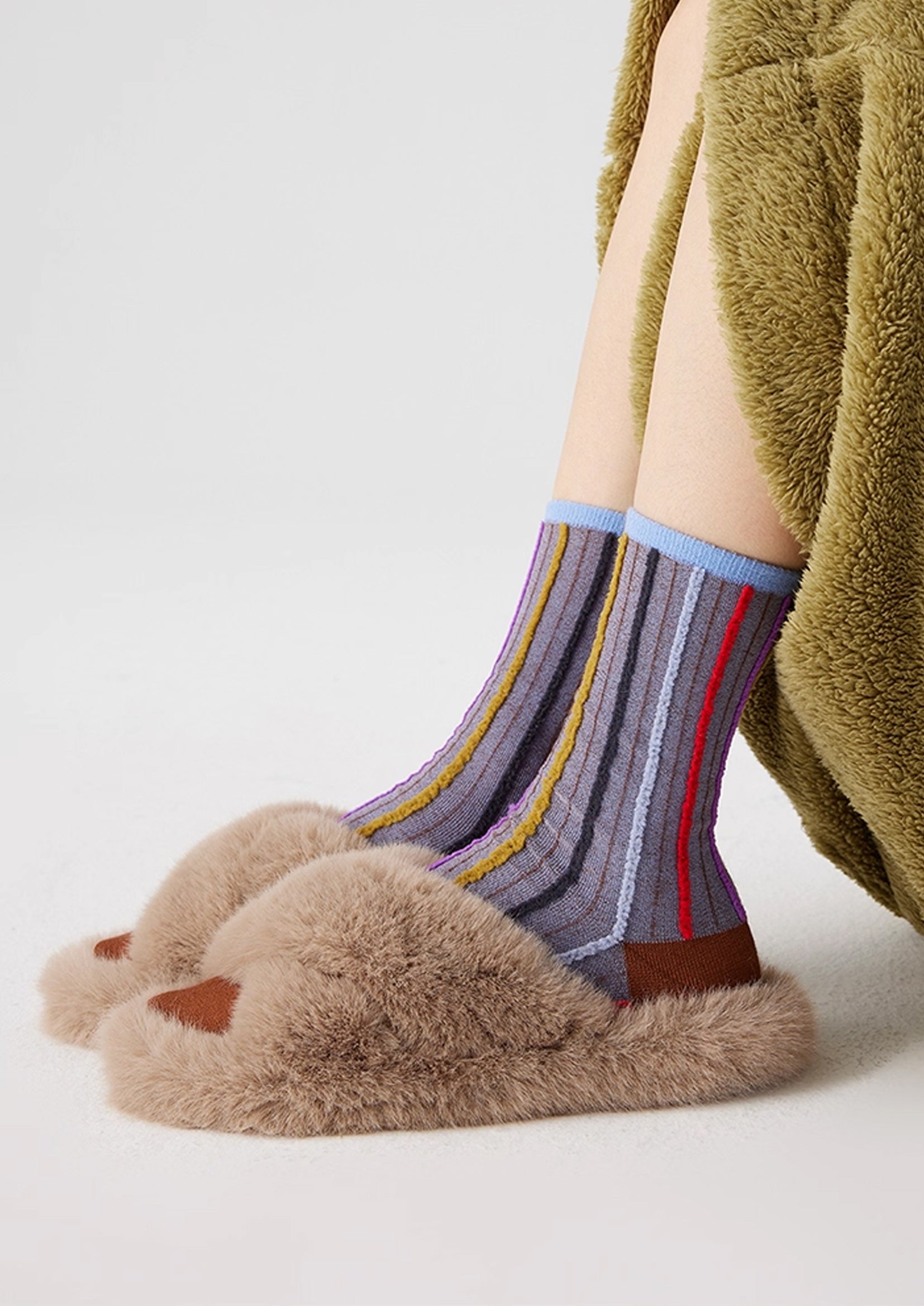 Reversible stripe mid-calf socks - chocolate & grey