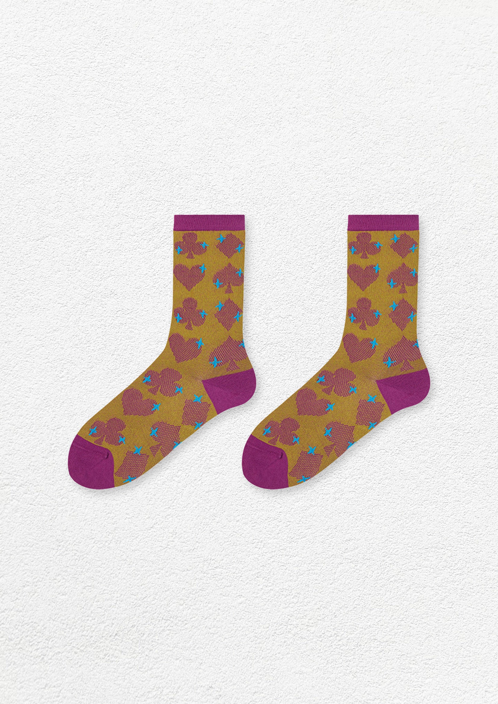 Poker mid-calf sock - purple & mustard