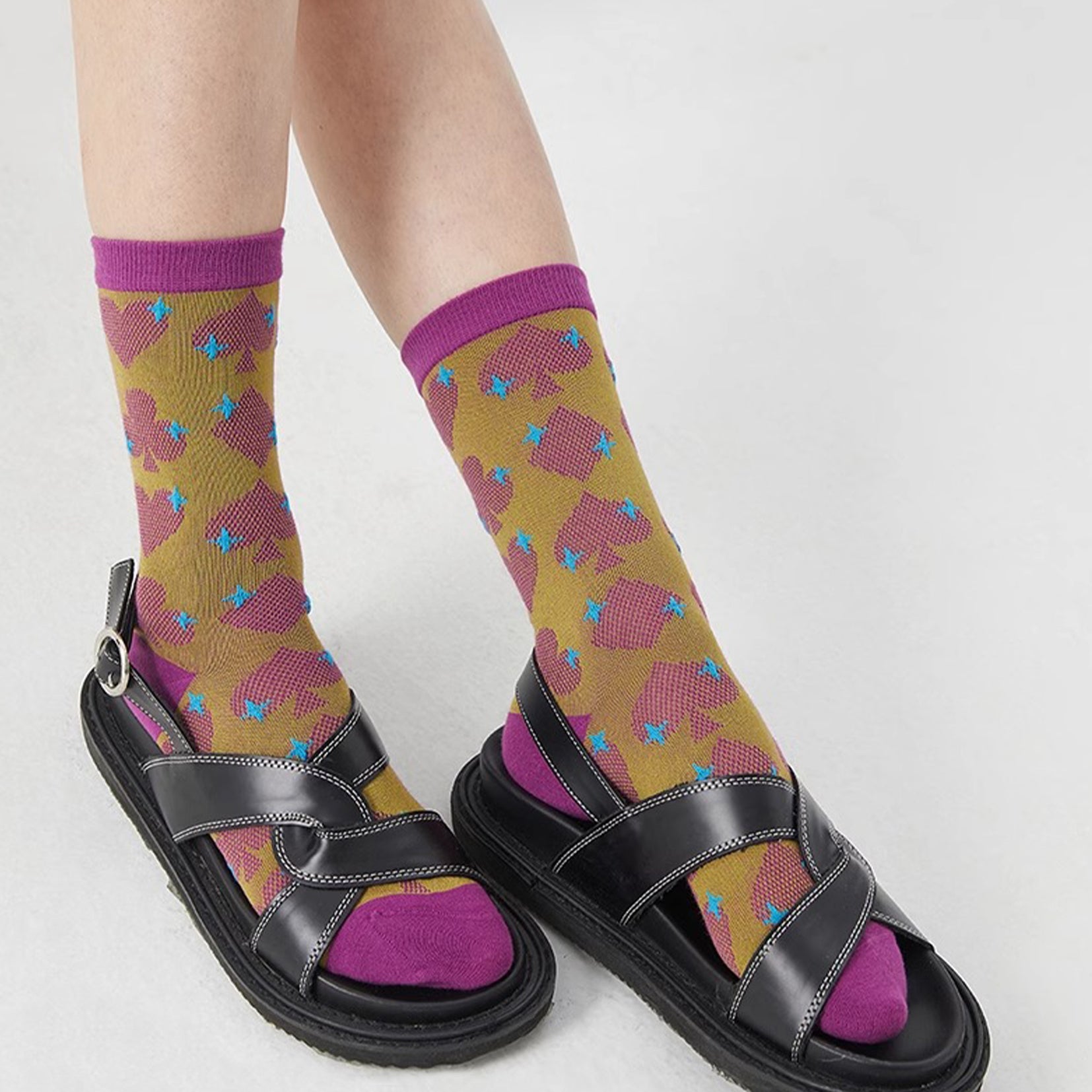 Poker mid-calf sock - purple & mustard