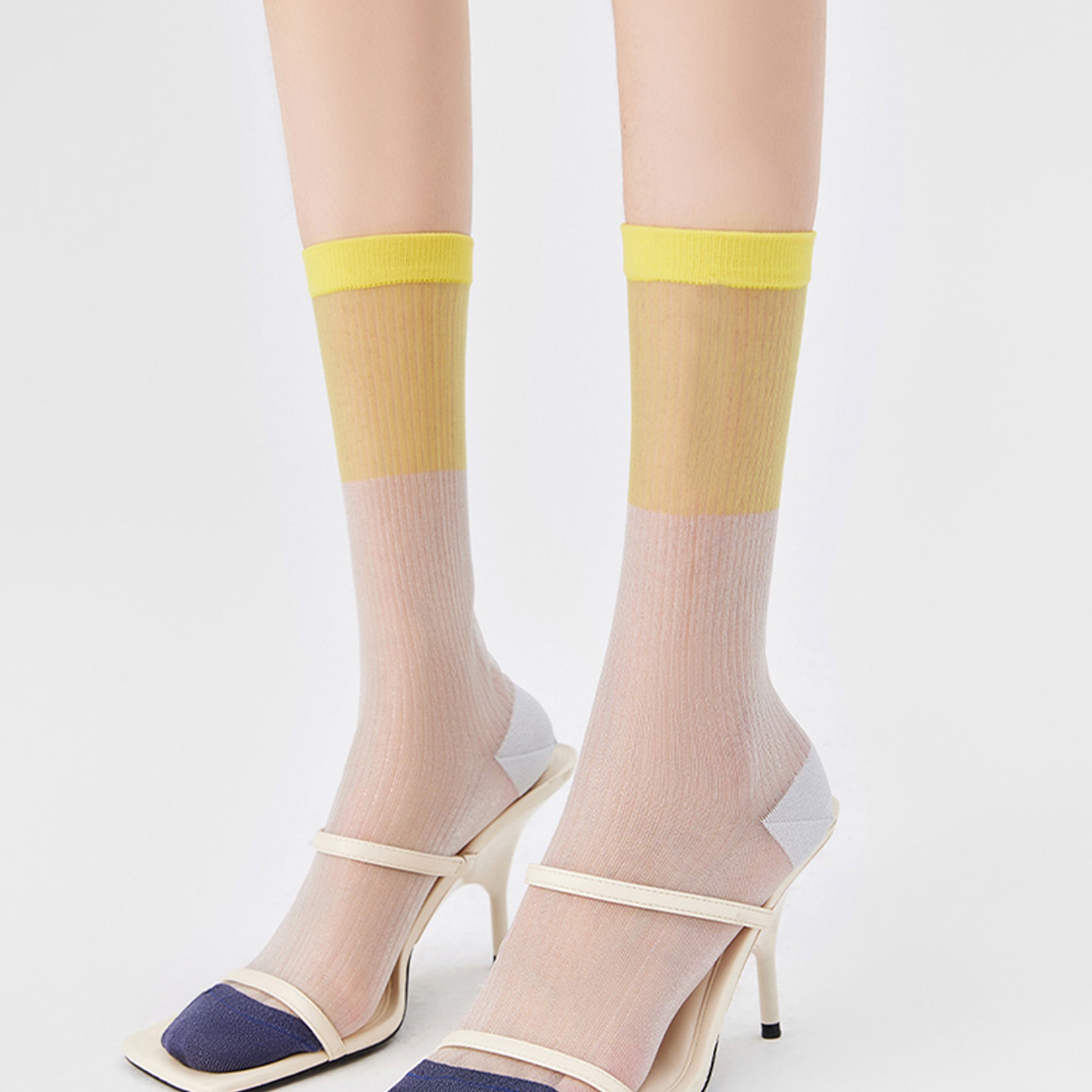 Spliced colour block sheer mid-calf sock - yellow