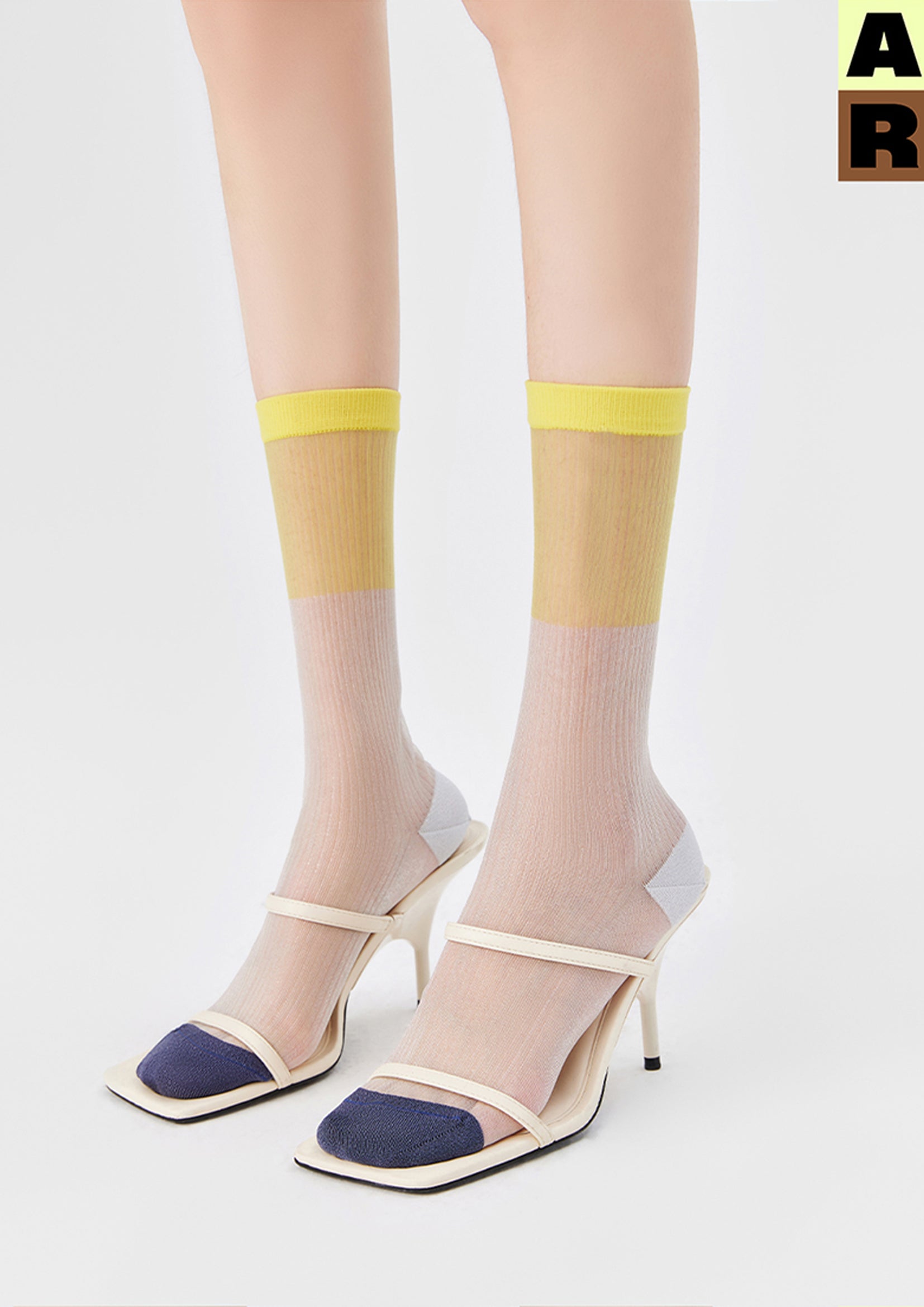 Spliced colour block sheer mid-calf sock - yellow