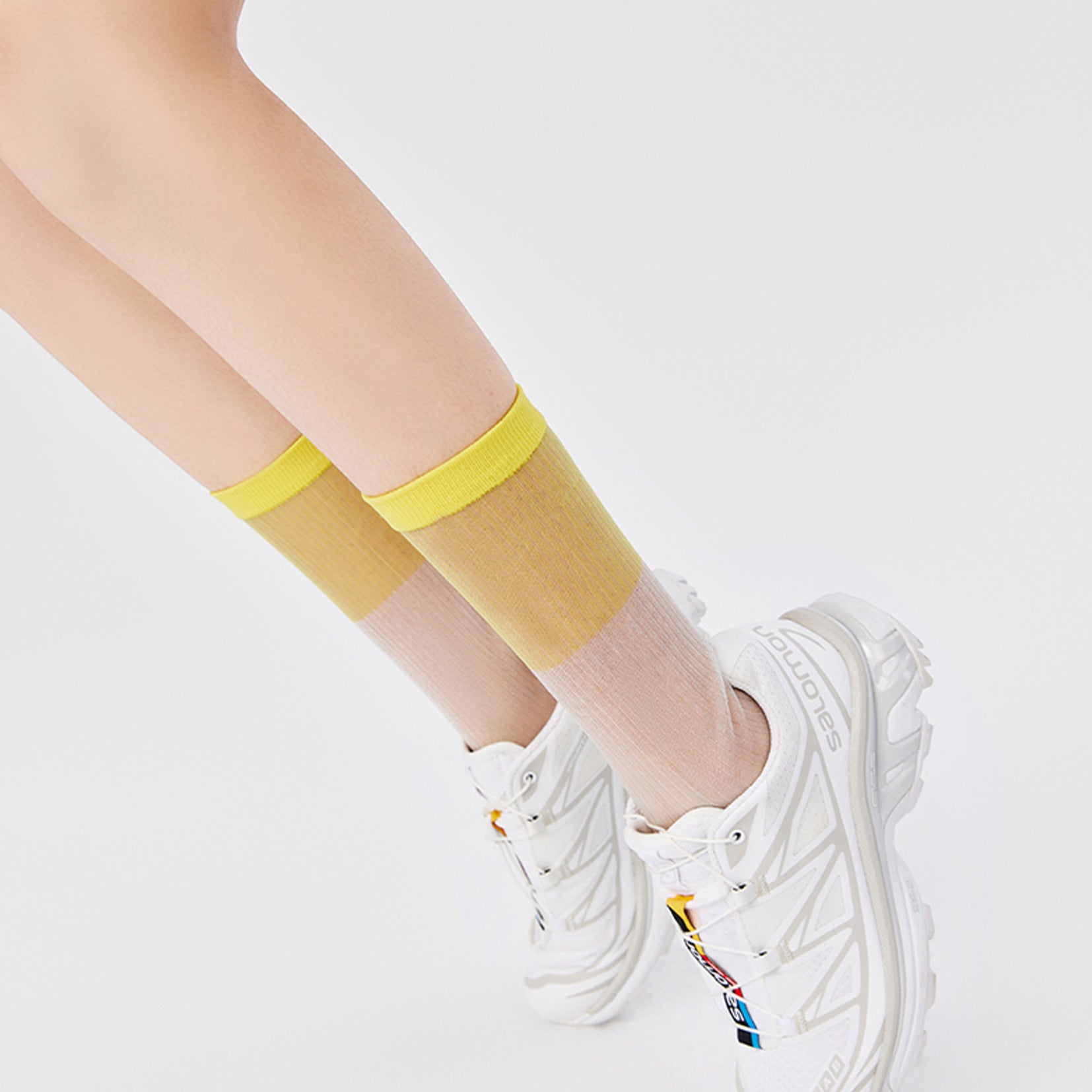 Spliced colour block sheer mid-calf sock - yellow