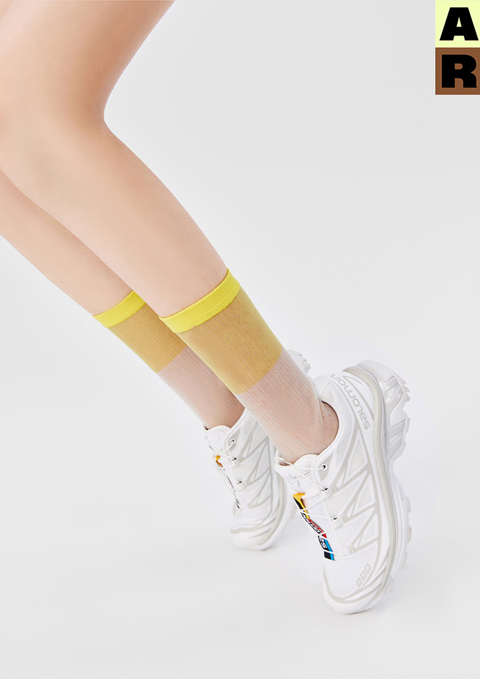 Spliced colour block sheer mid-calf sock - yellow