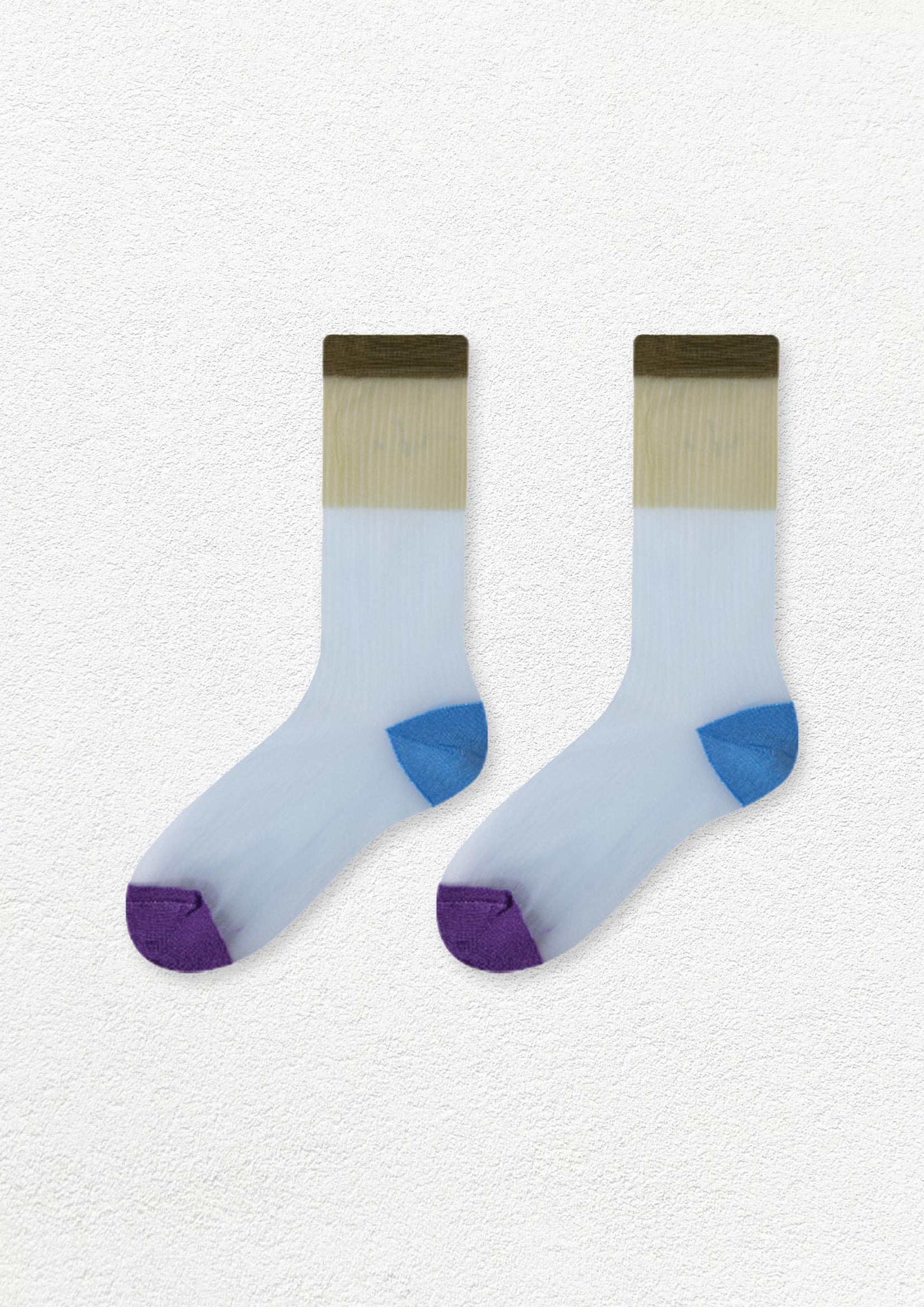 Spliced colour block sheer mid-calf sock - olive