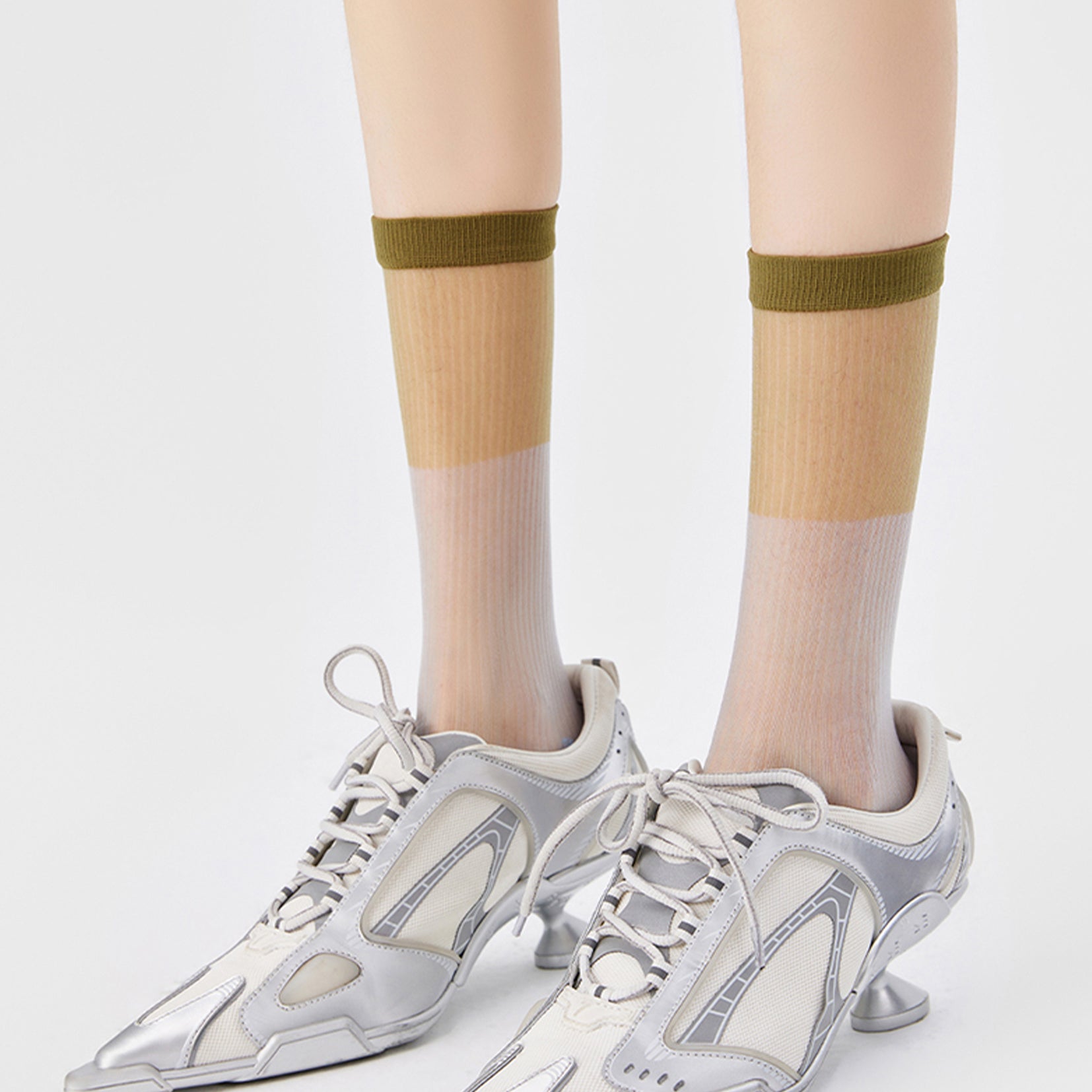 Spliced colour block sheer mid-calf sock - olive