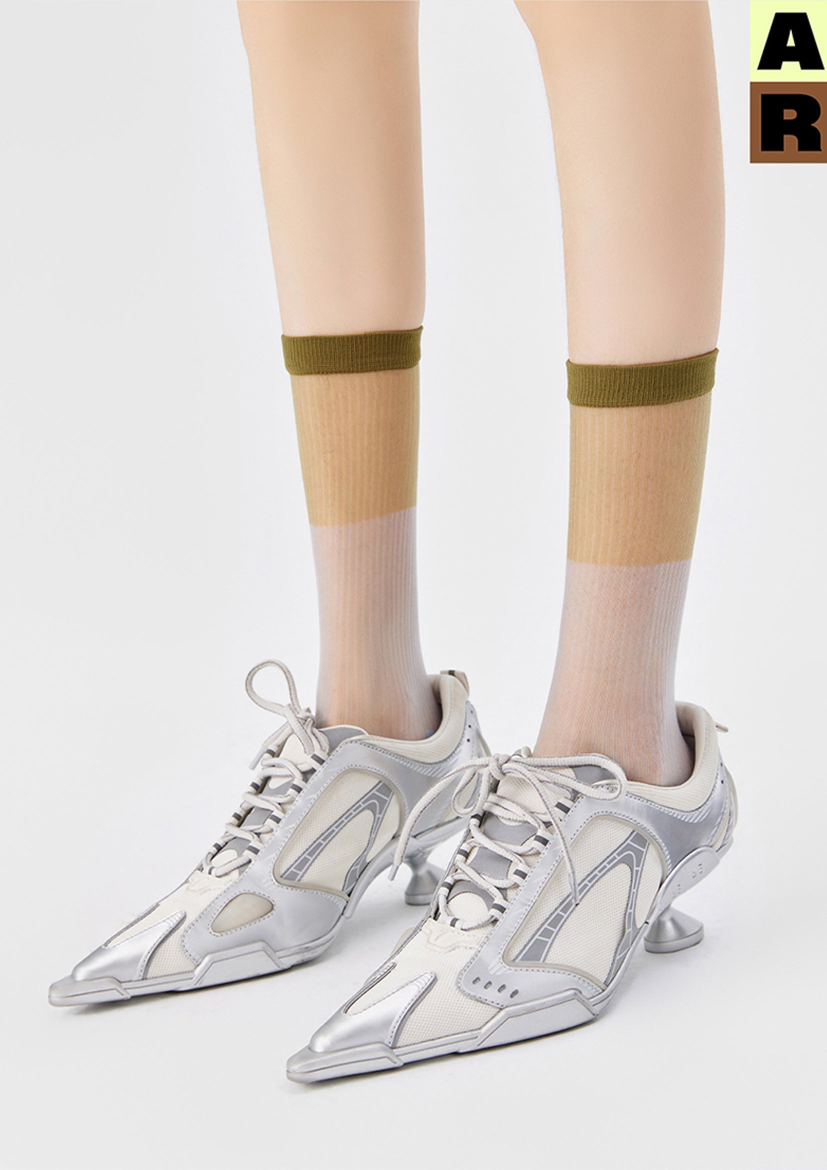 Spliced colour block sheer mid-calf sock - olive