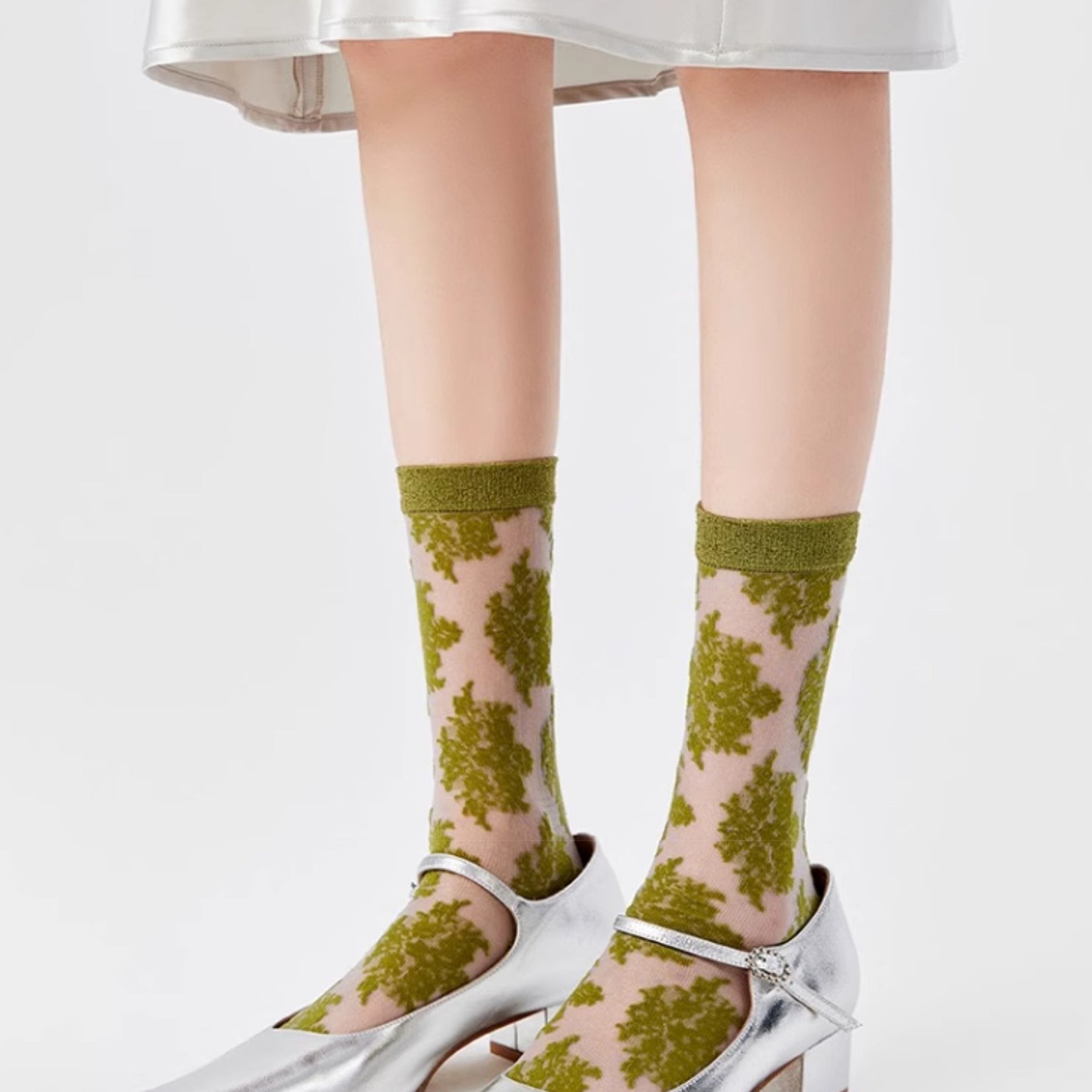 Lace sheer mid-calf sock - olive