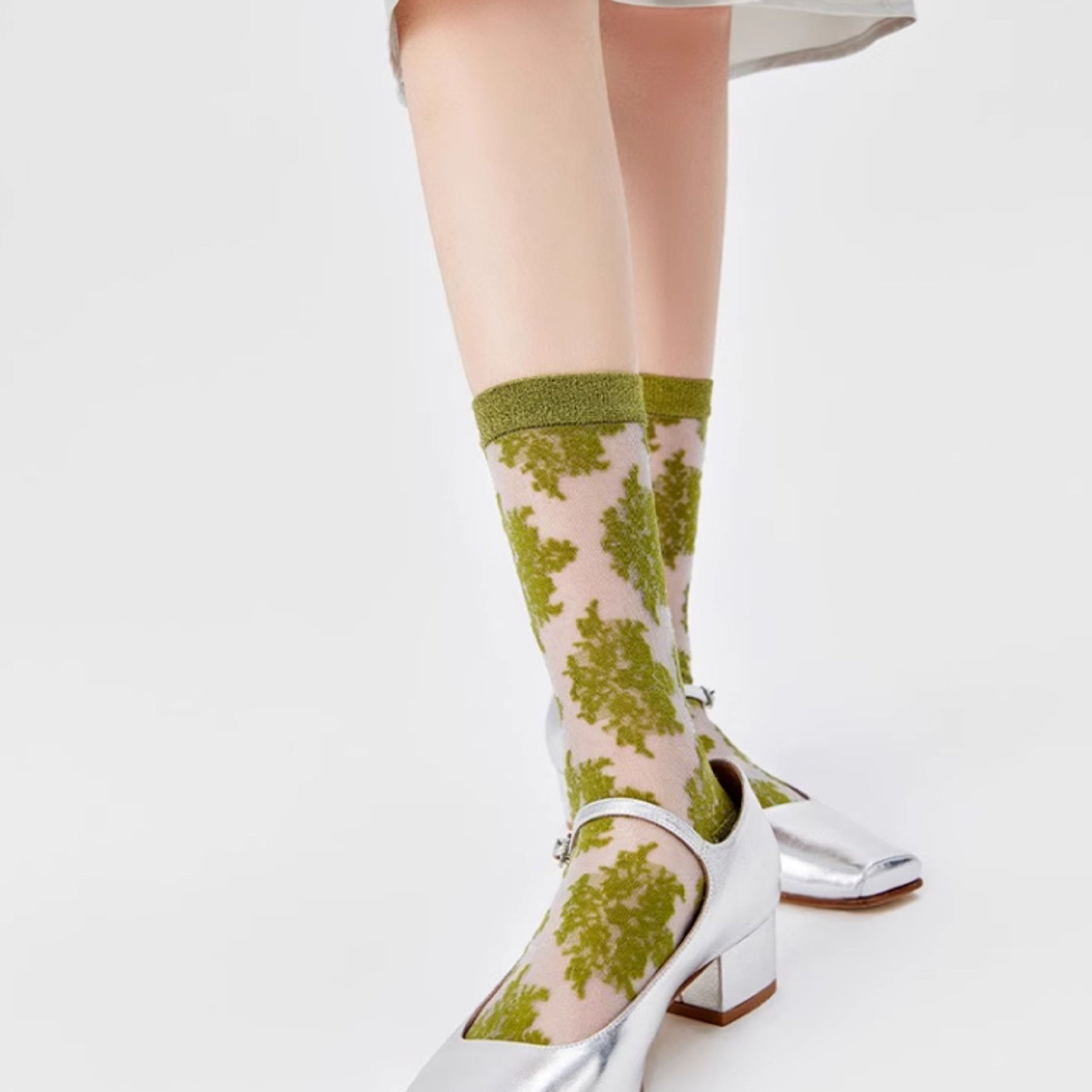 Lace sheer mid-calf sock - olive