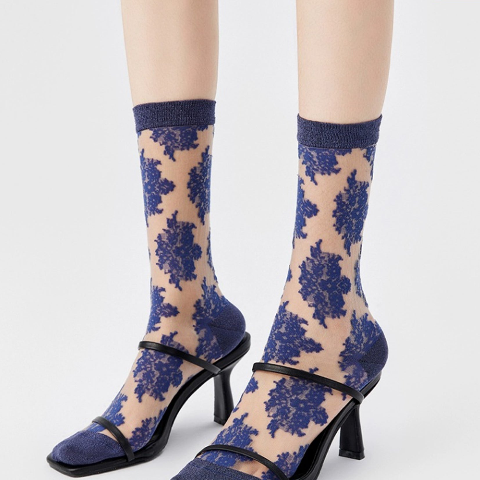 Lace sheer mid-calf sock - indigo