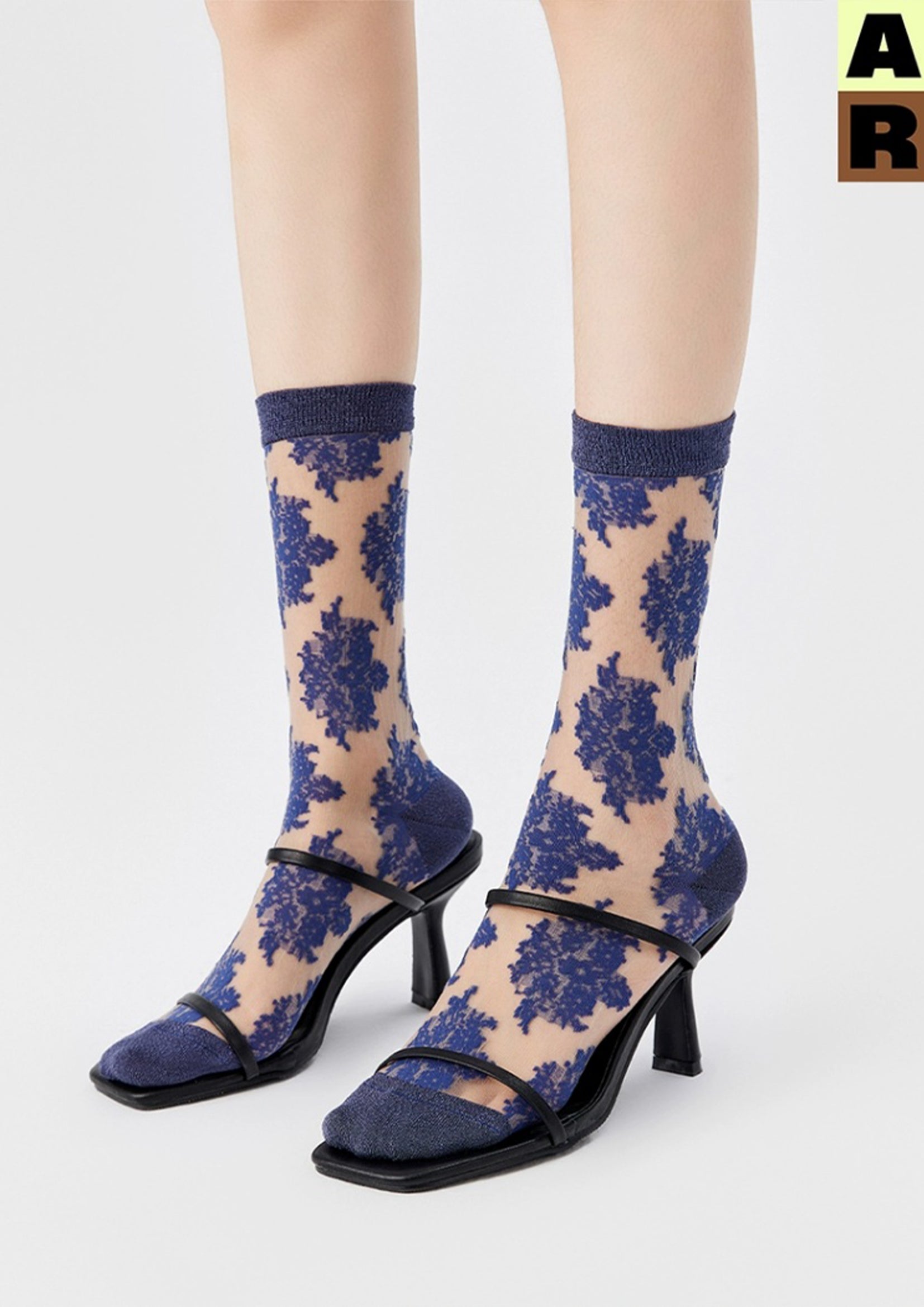 Lace sheer mid-calf sock - indigo