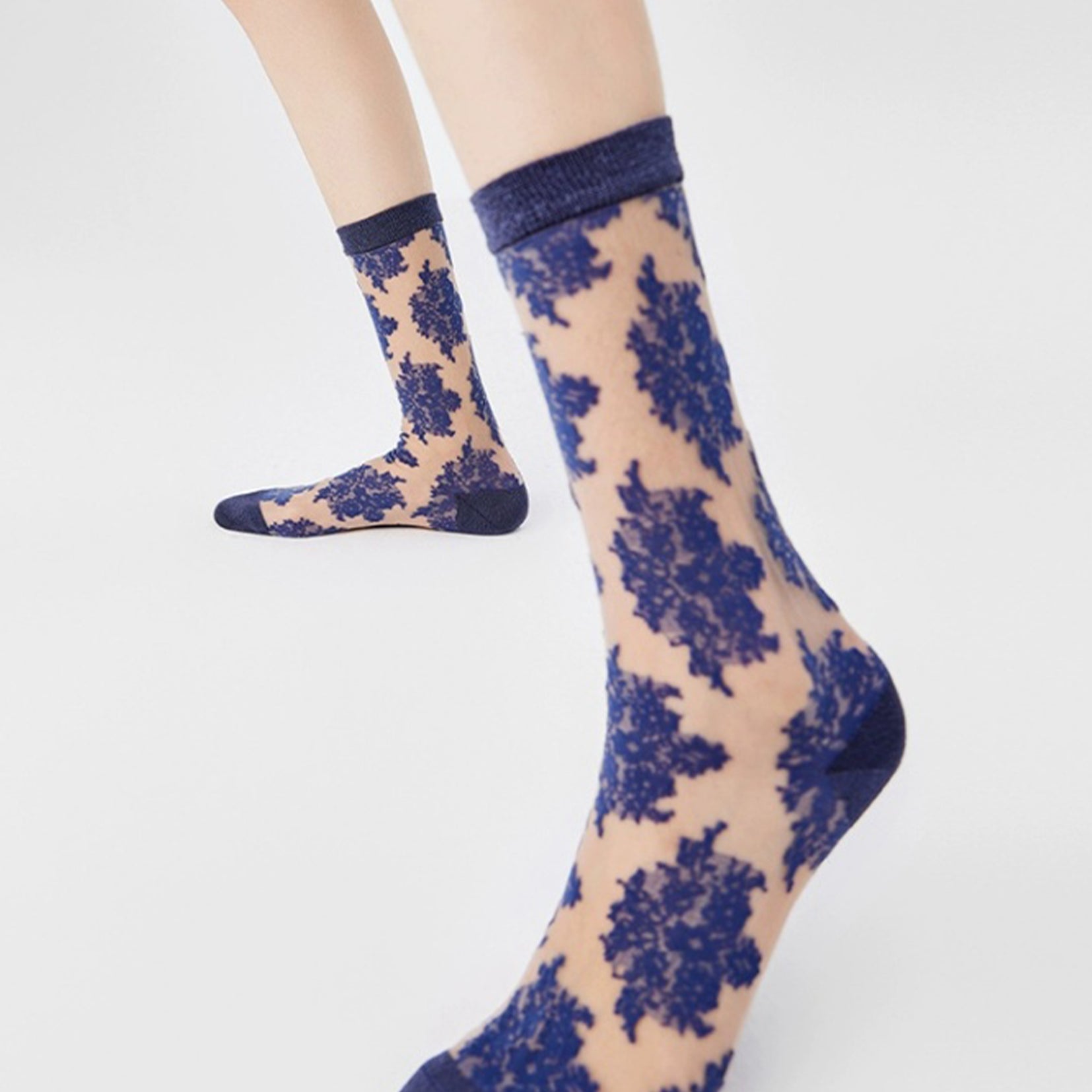 Lace sheer mid-calf sock - indigo