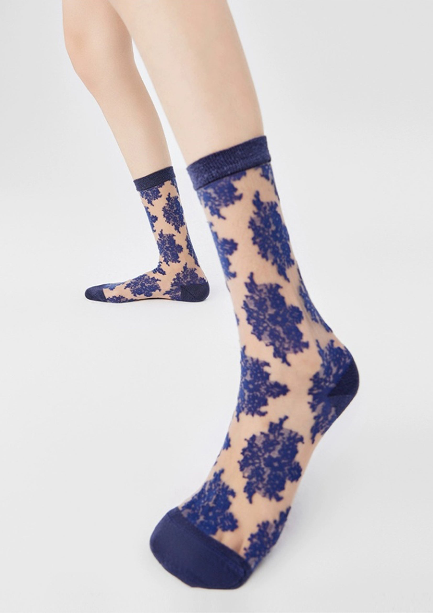 Lace sheer mid-calf sock - indigo