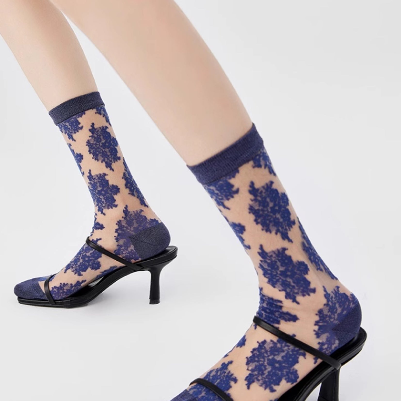 Lace sheer mid-calf sock - indigo