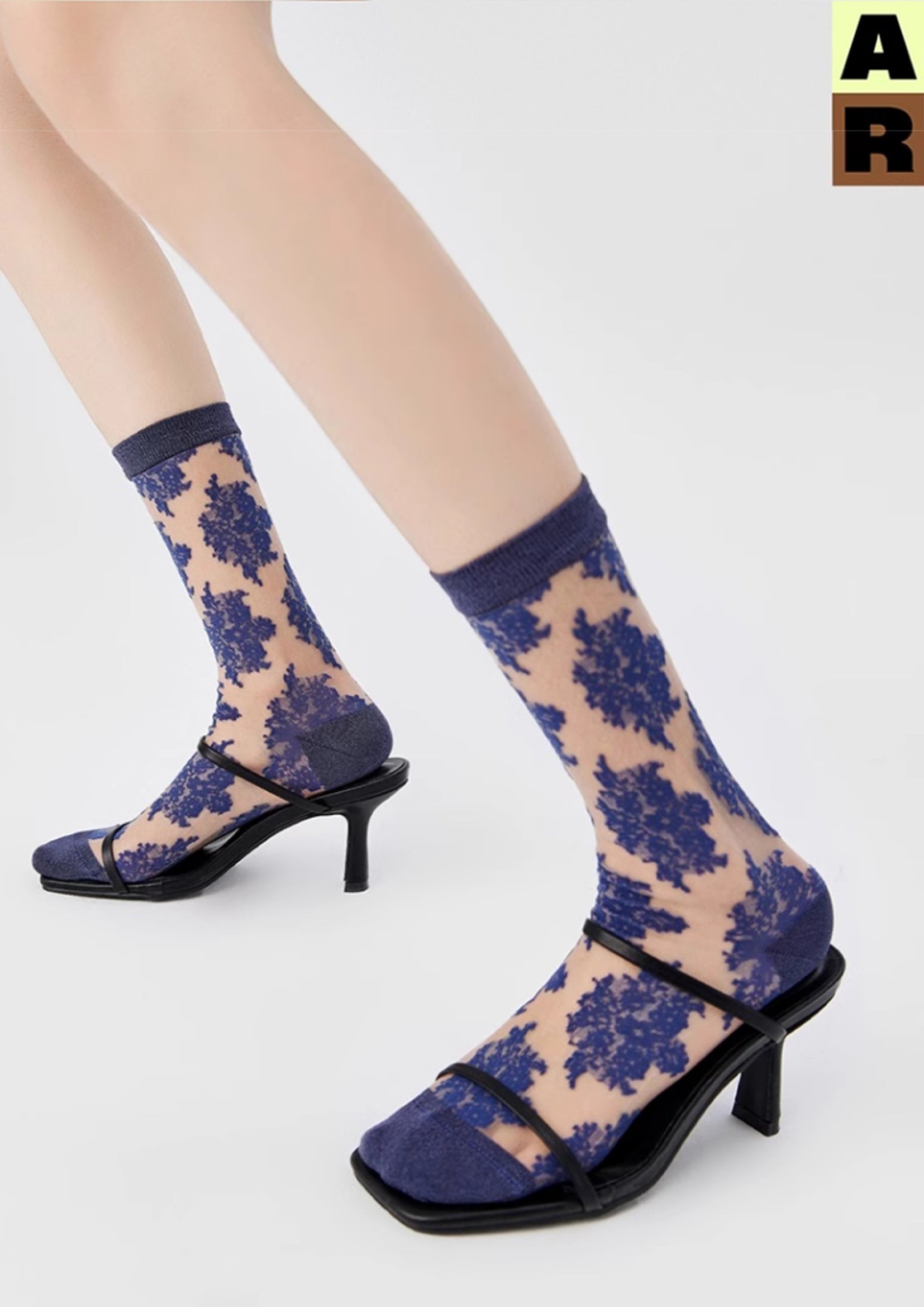 Lace sheer mid-calf sock - indigo