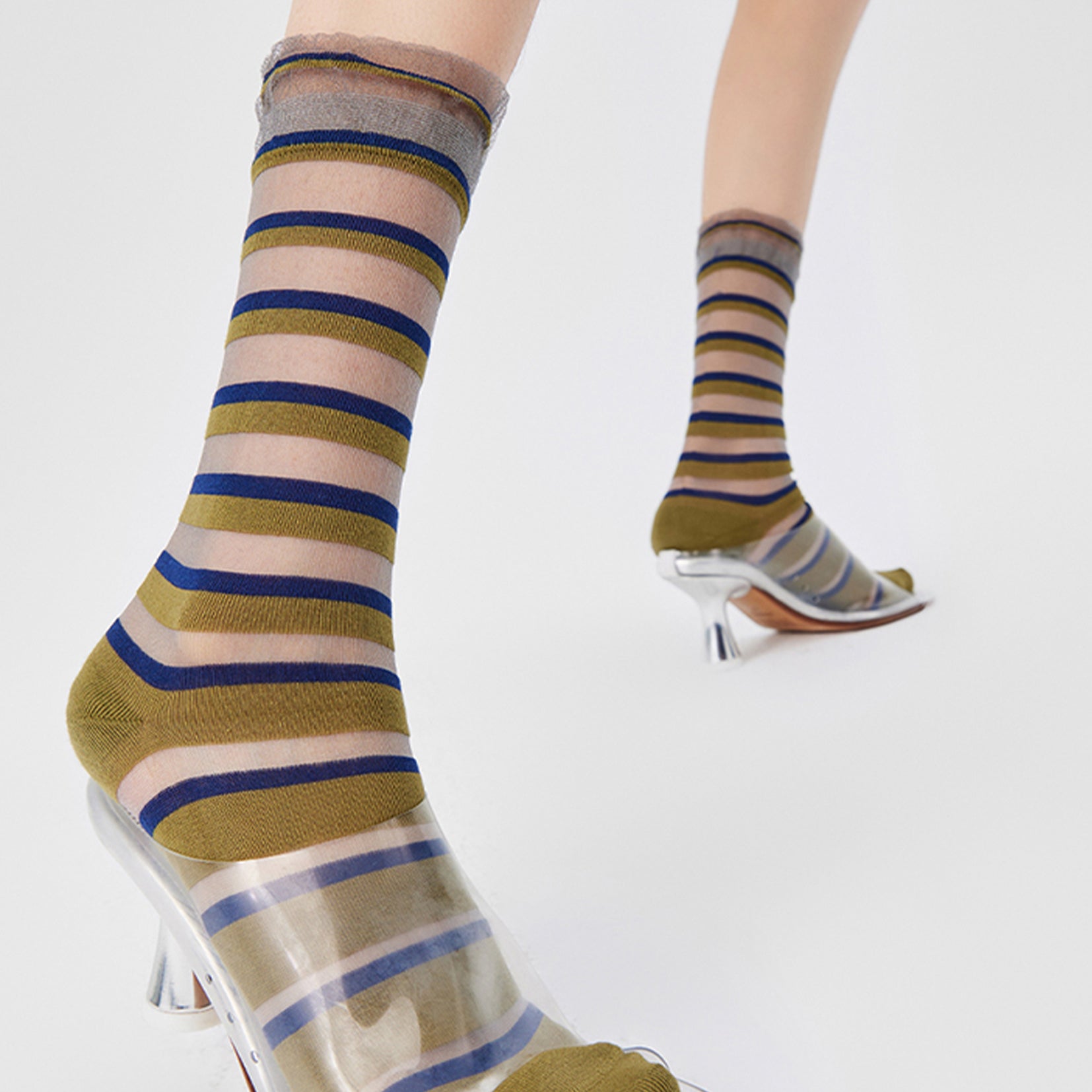 Striped sheer mid-calf sock - olive