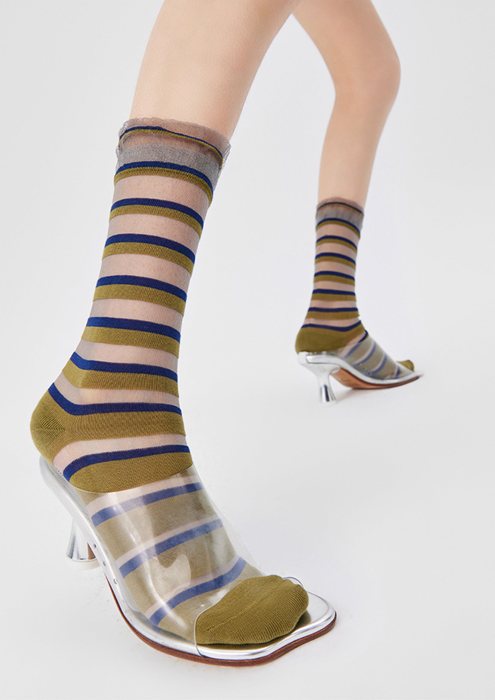 Striped sheer mid-calf sock - olive