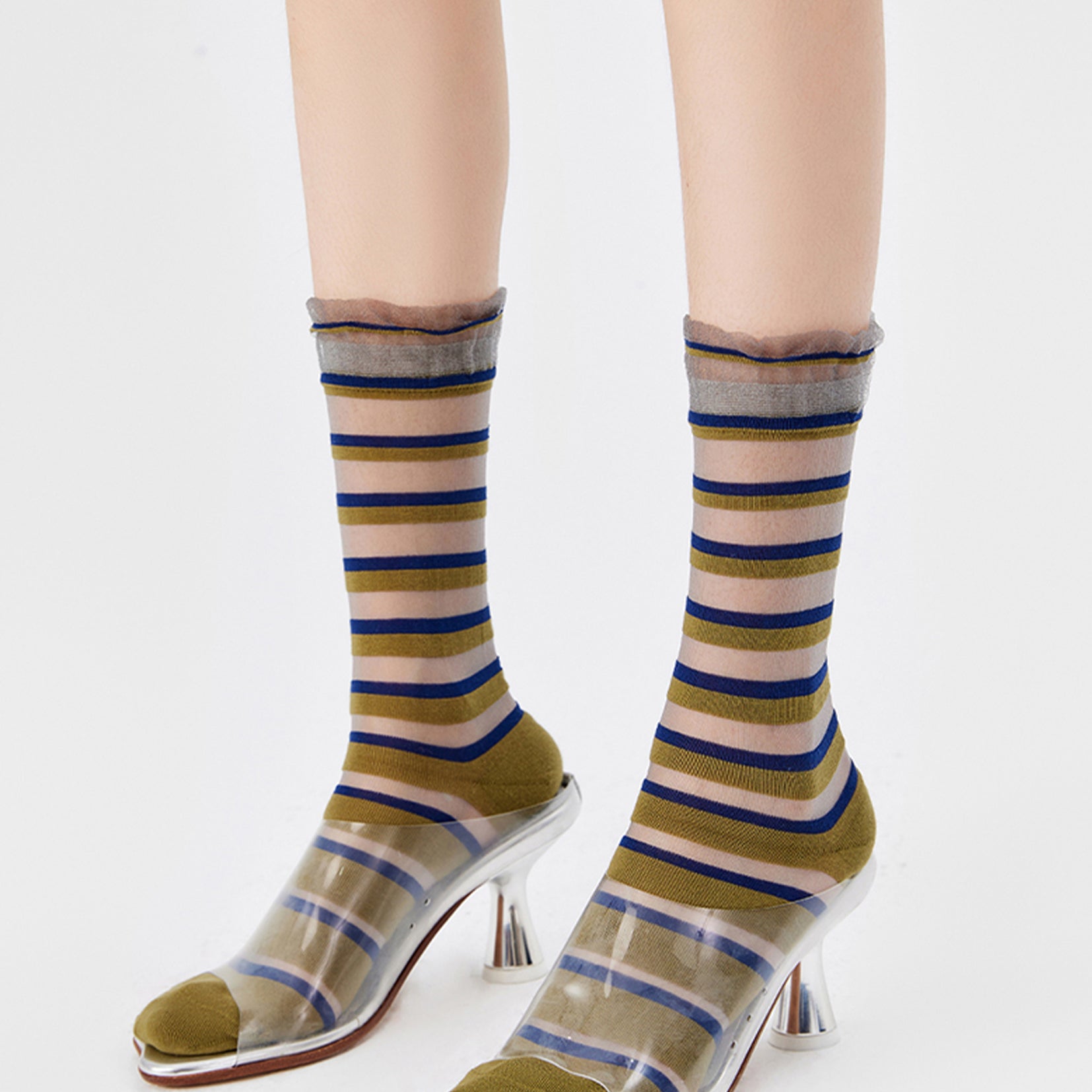 Striped sheer mid-calf sock - olive