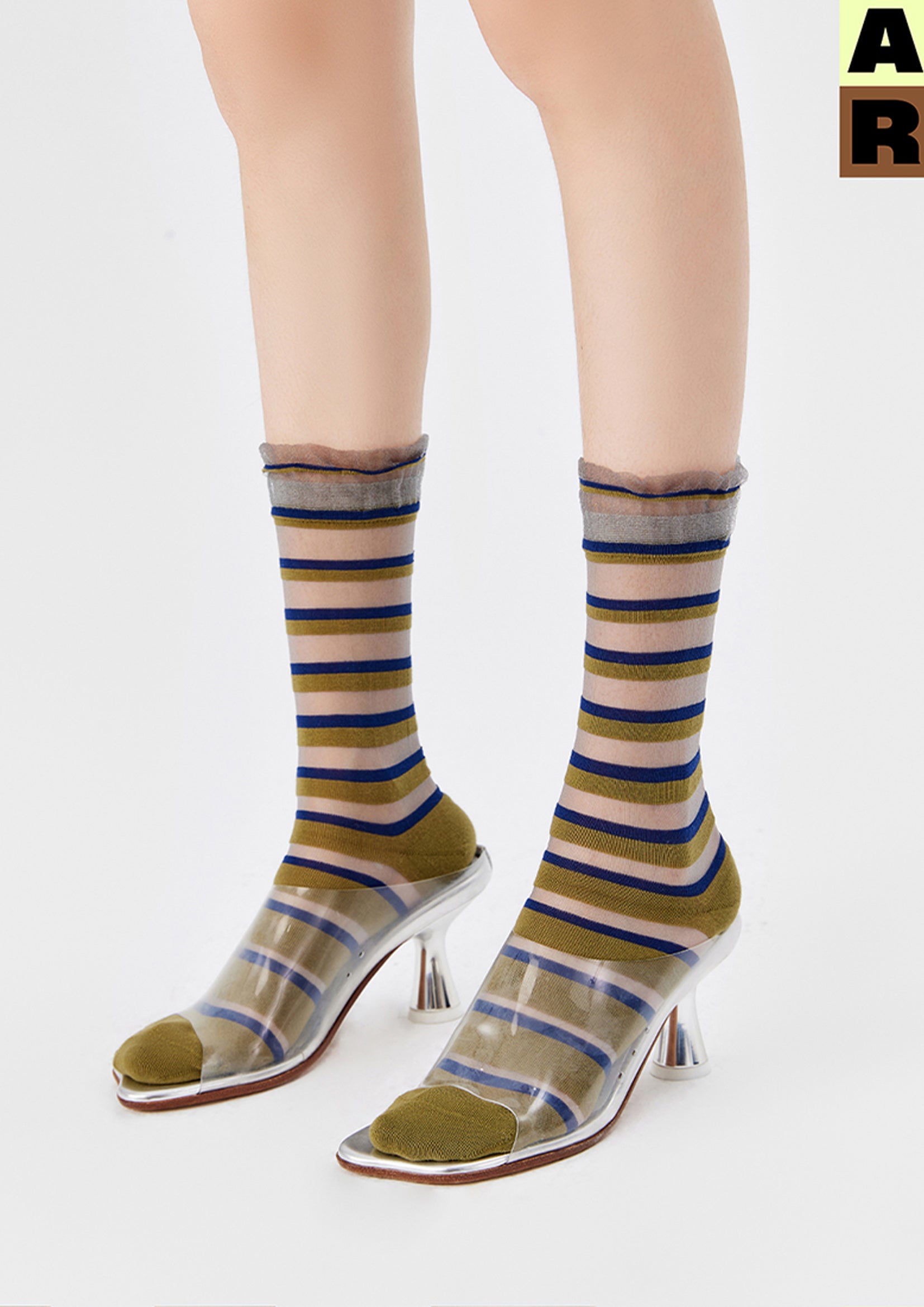 Striped sheer mid-calf sock - olive