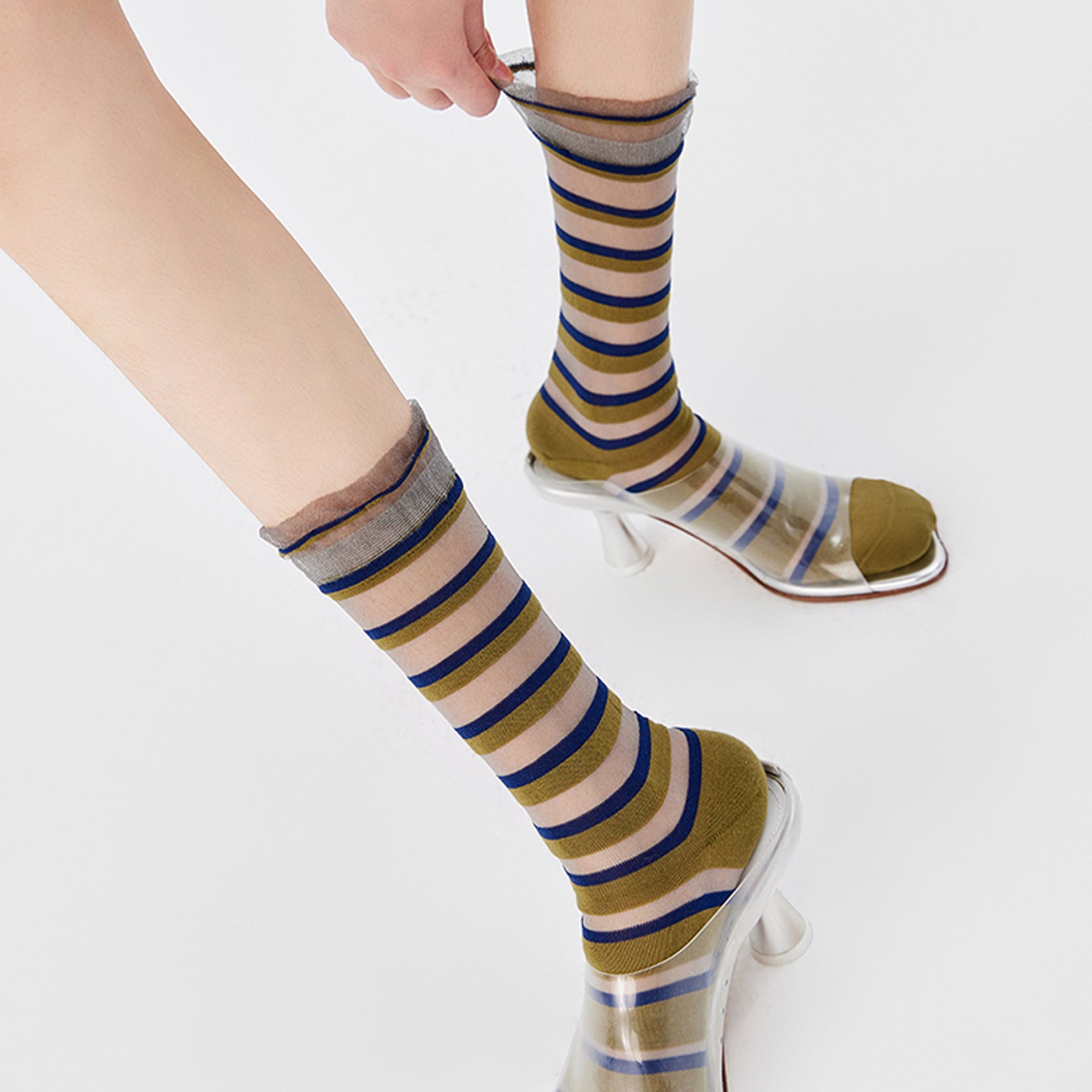 Striped sheer mid-calf sock - olive