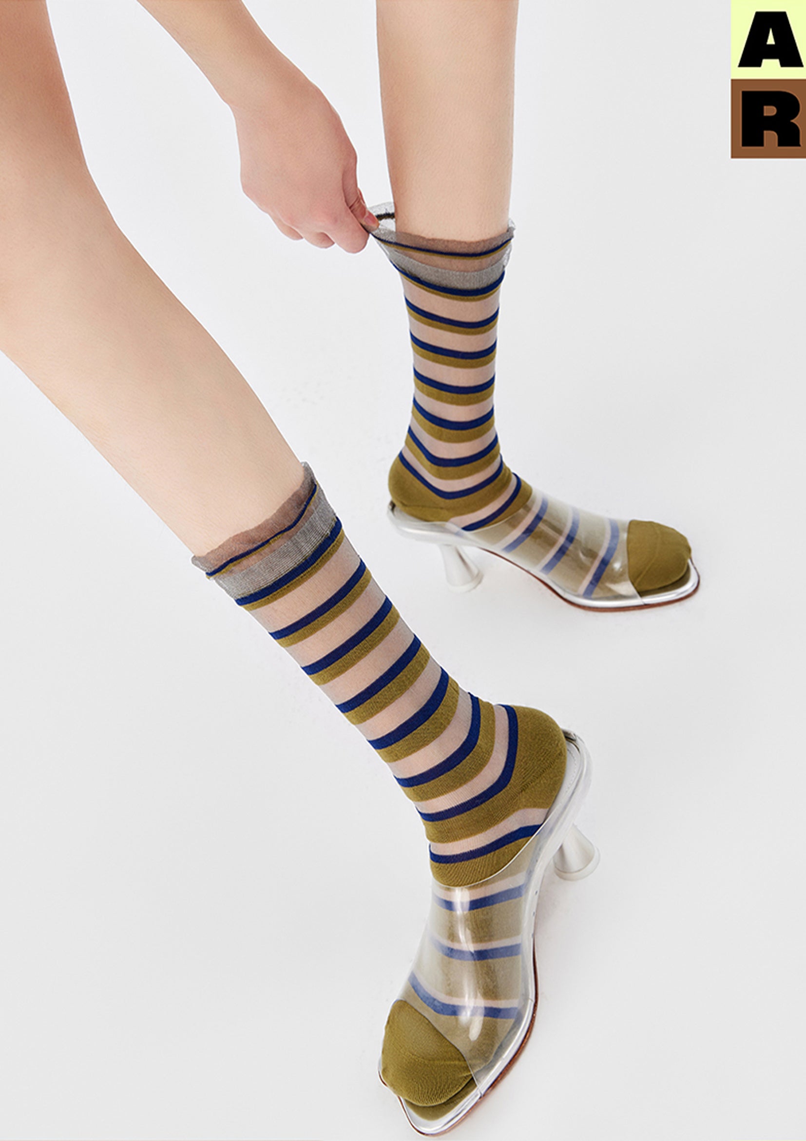 Striped sheer mid-calf sock - olive