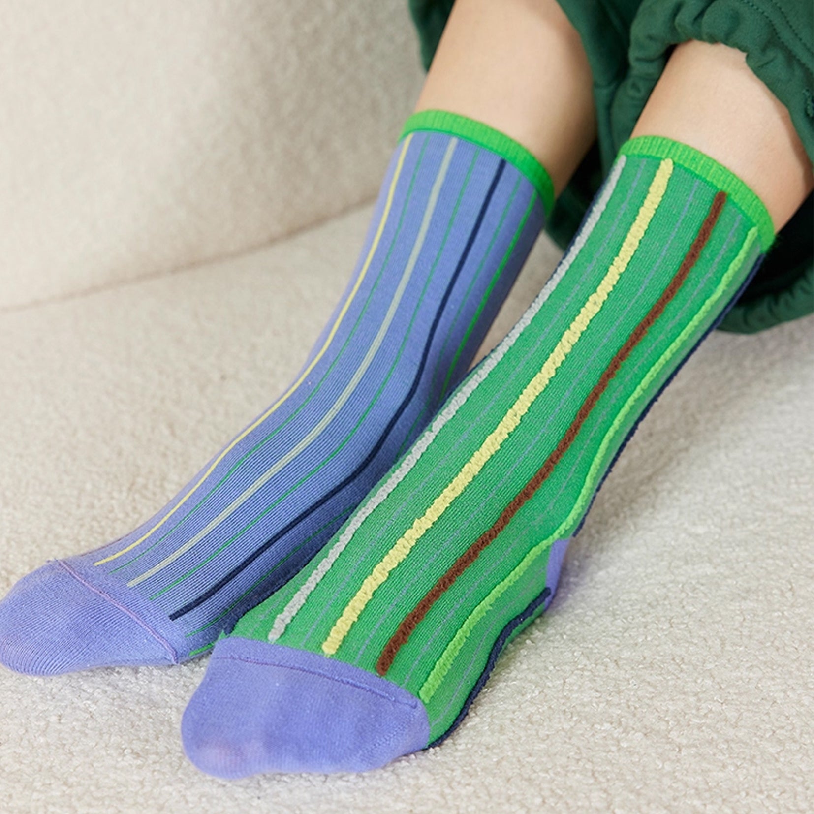 Reversible stripe mid-calf socks - jade & cornflower