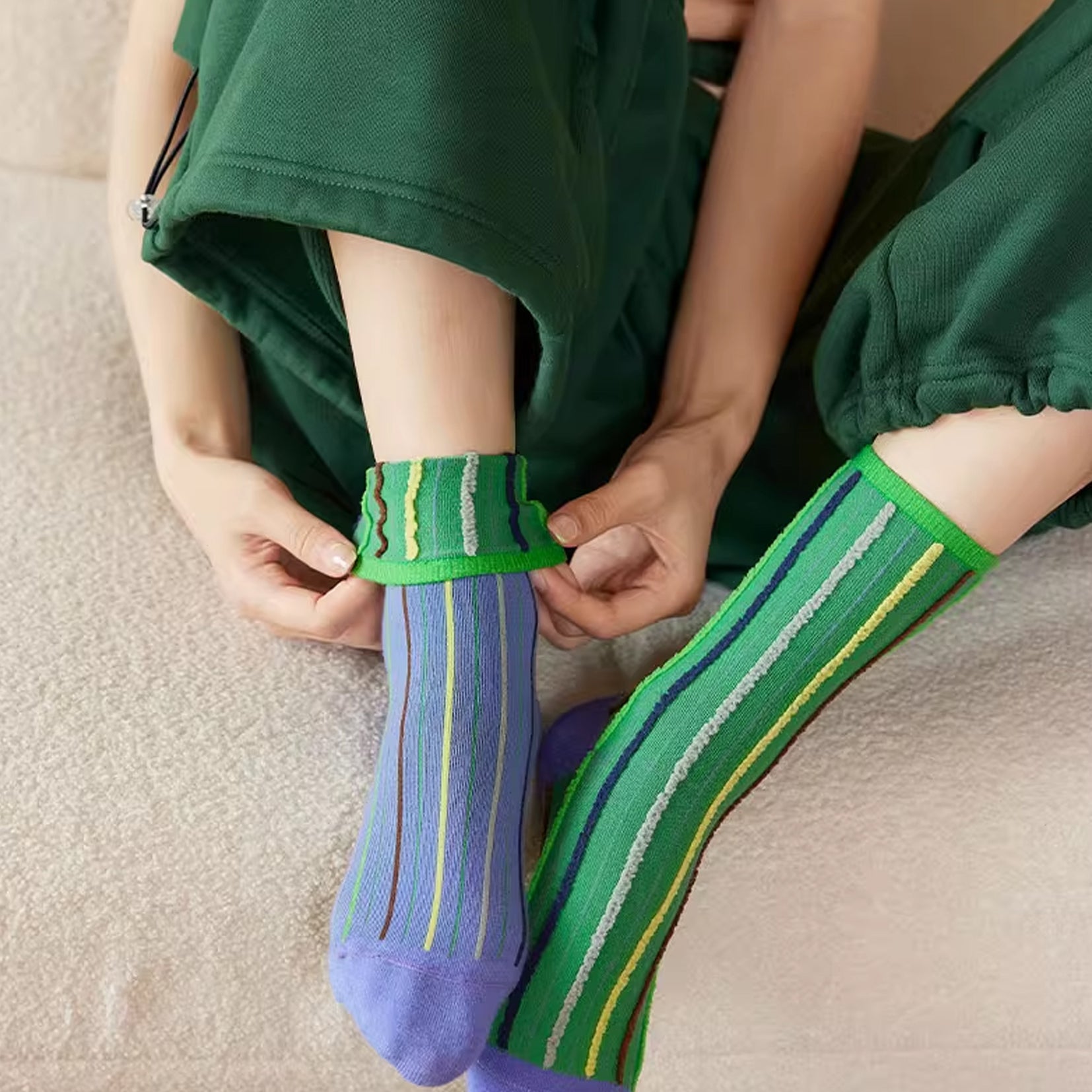 Reversible stripe mid-calf socks - jade & cornflower