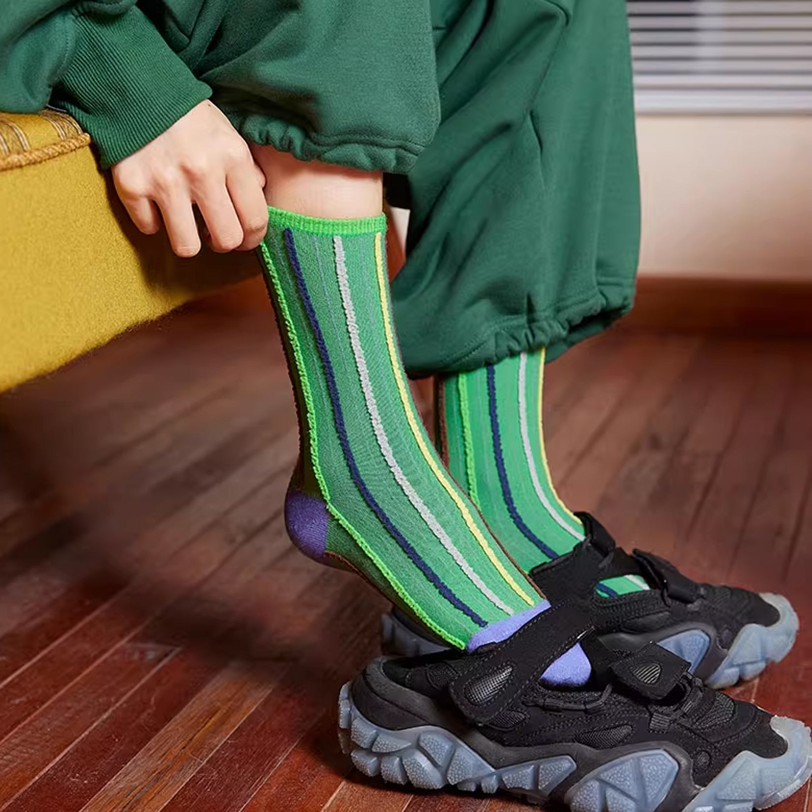 Reversible stripe mid-calf socks - jade & cornflower