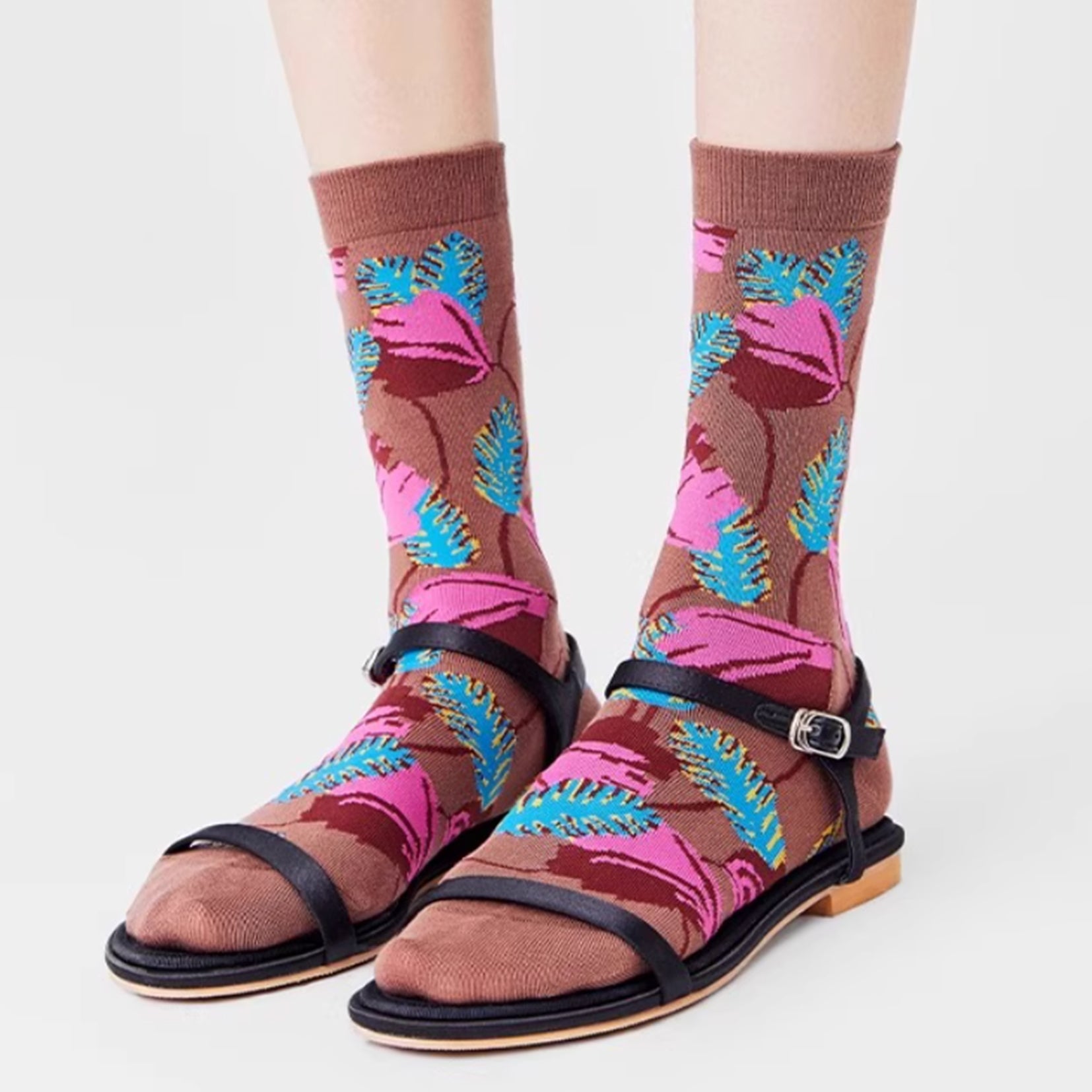 Floral mid-calf socks - cocoa