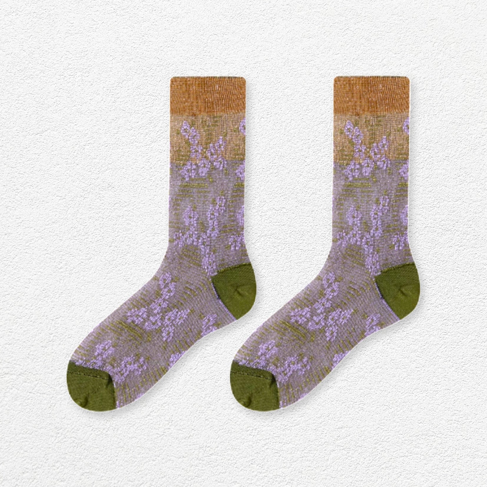 Lace jacquard floral mid-calf socks - wisteria gold