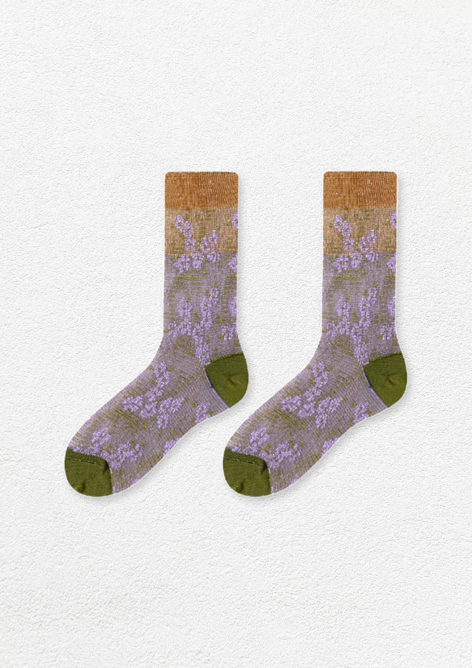 Lace jacquard floral mid-calf socks - wisteria gold