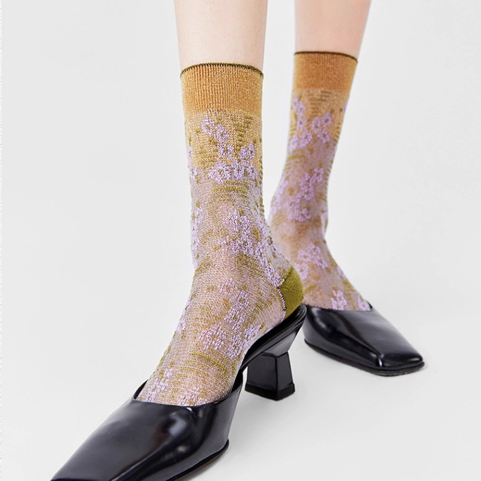 Lace jacquard floral mid-calf socks - wisteria gold