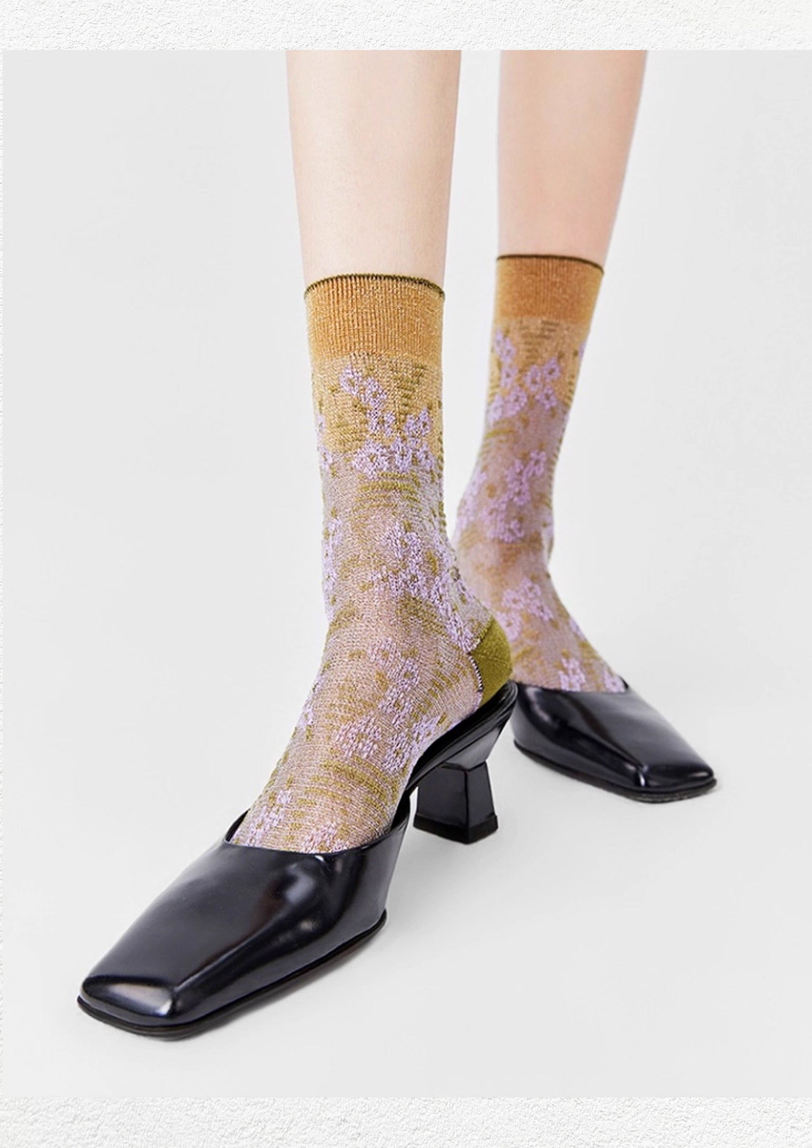 Lace jacquard floral mid-calf socks - wisteria gold